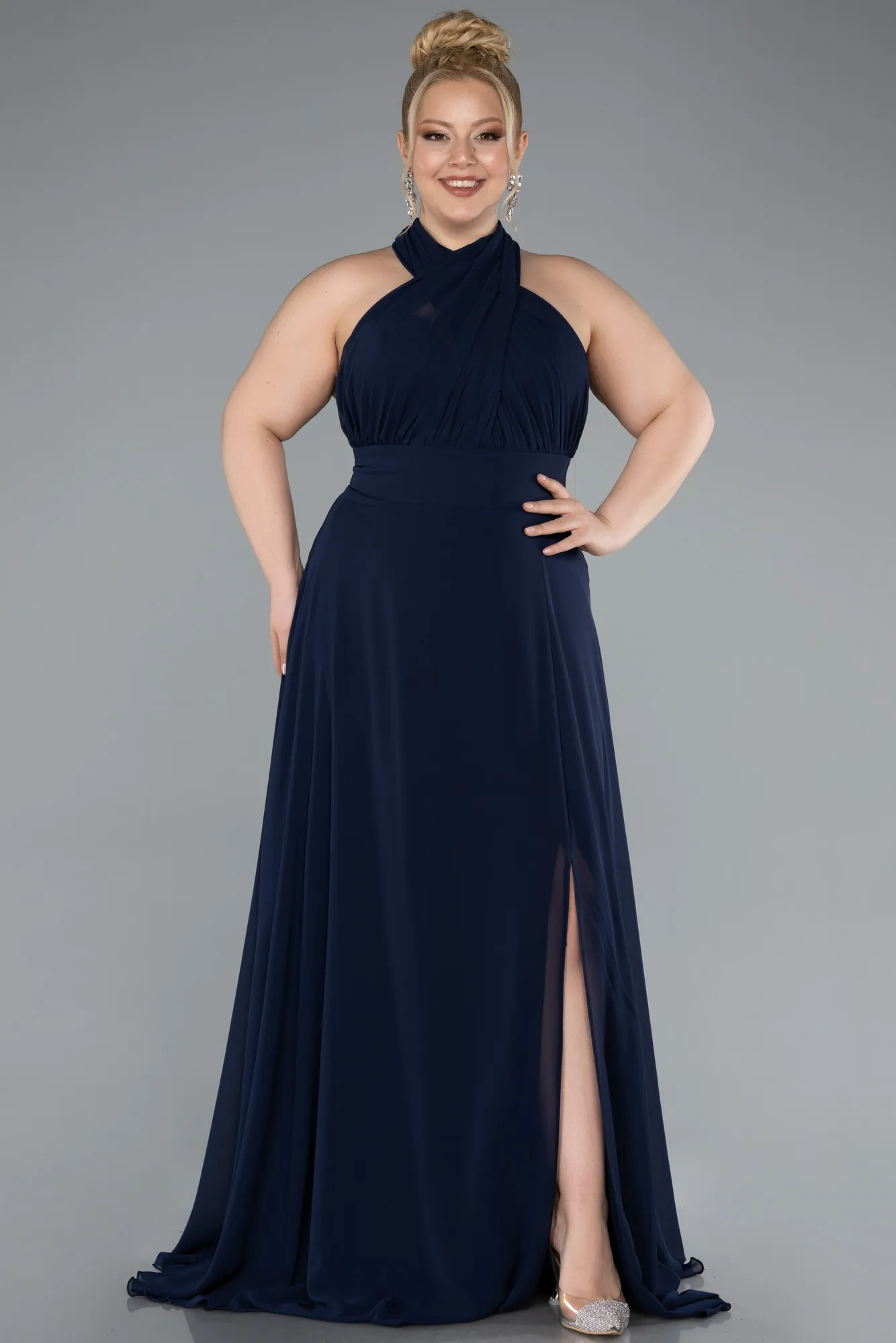 Navy Blue-Long Chiffon Formal Plus Size Dress ABU4951