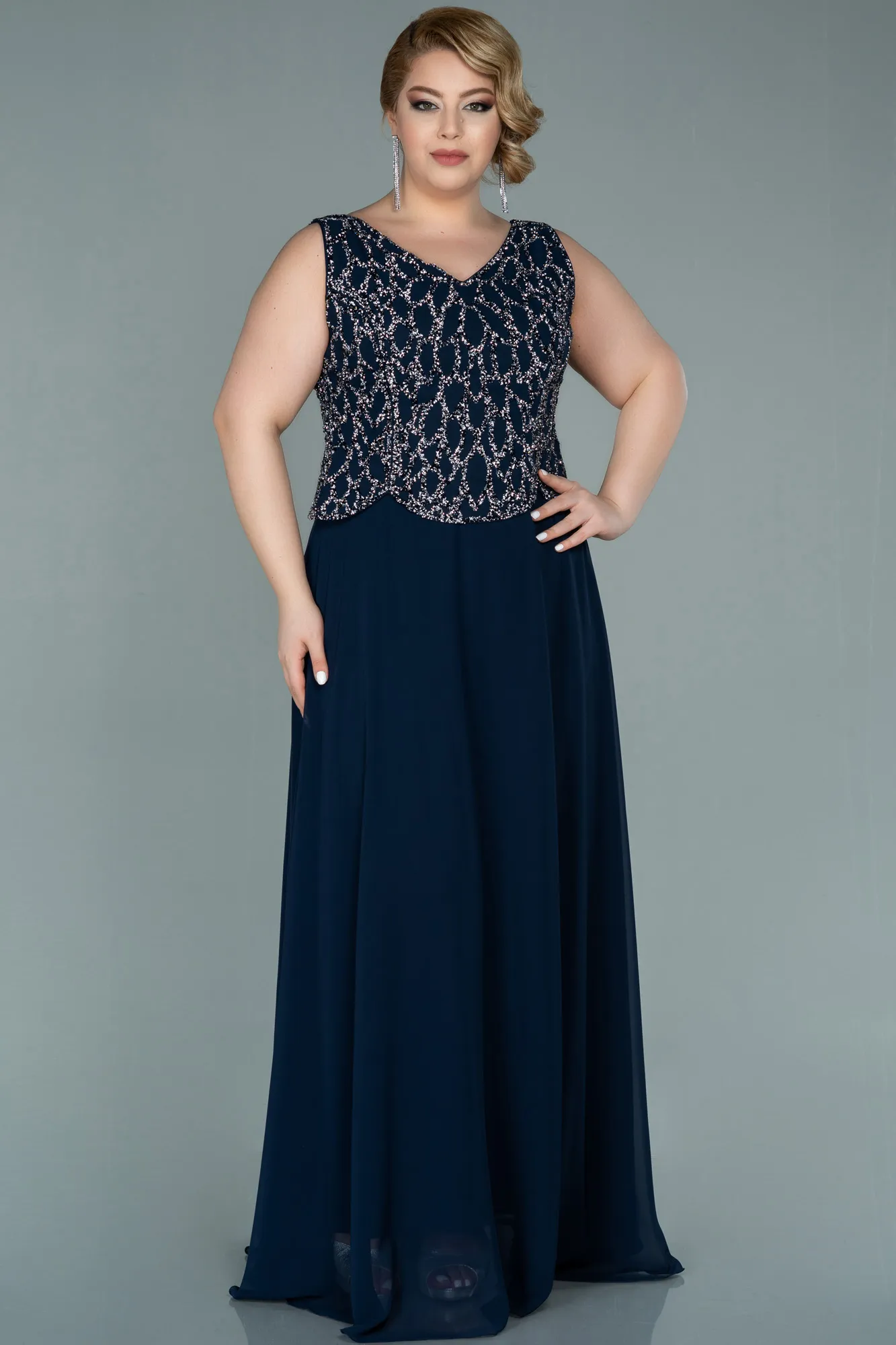 Navy Blue-Long Chiffon Oversized Evening Dress ABU2243
