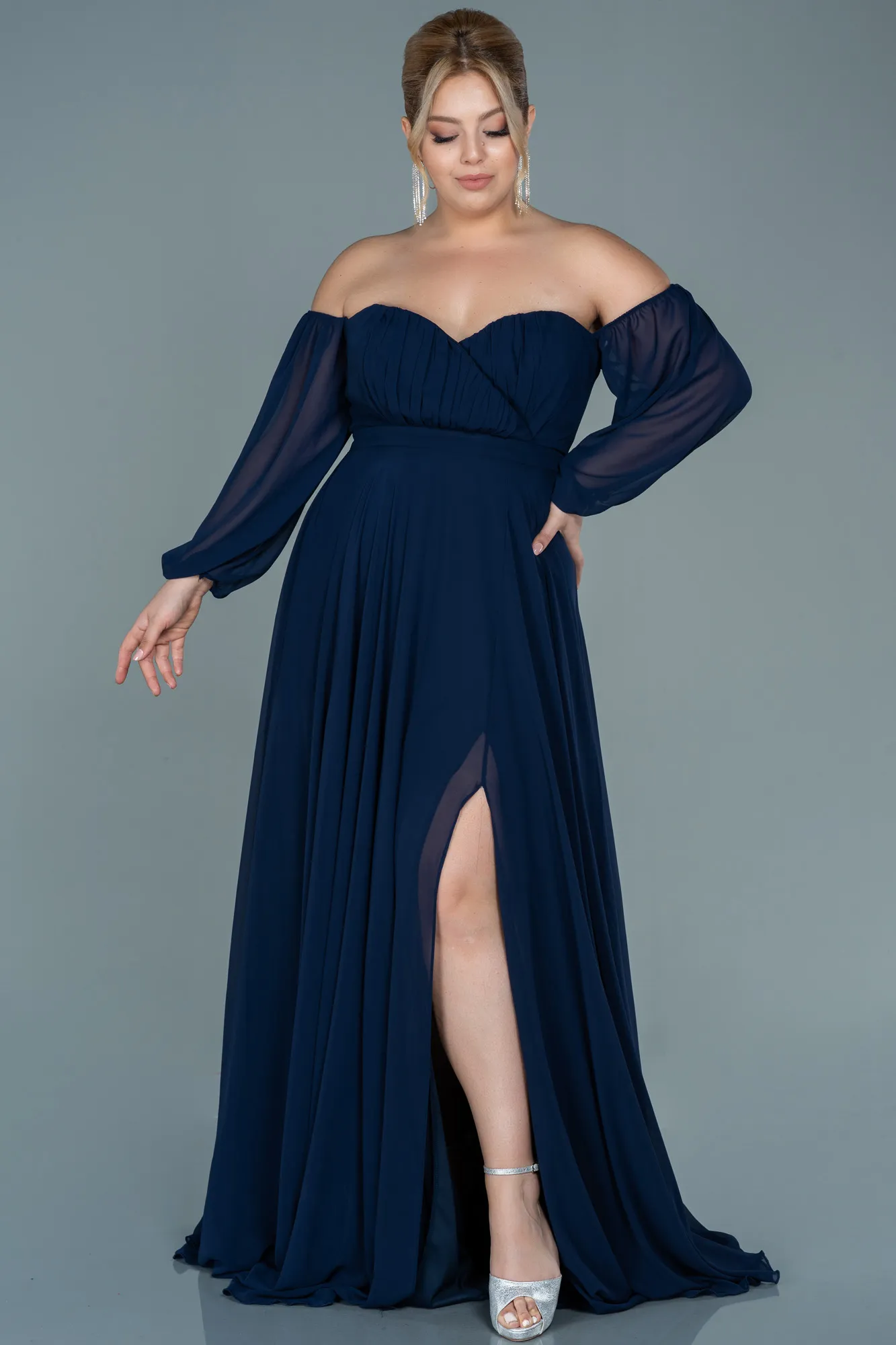 Navy Blue-Long Chiffon Oversized Evening Dress ABU2597