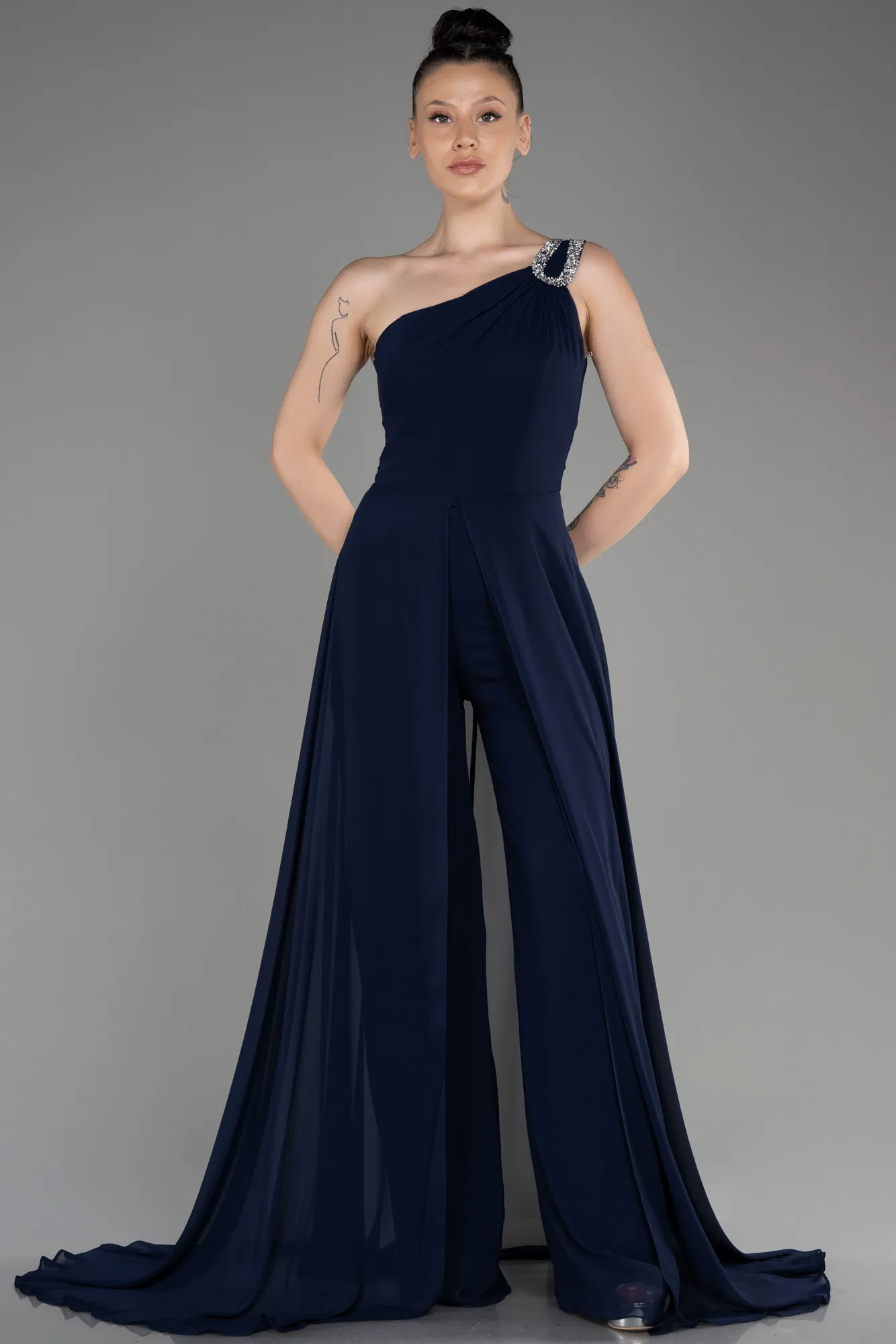 Navy Blue-Long Chiffon Party Evening Jumpsuit ABT116