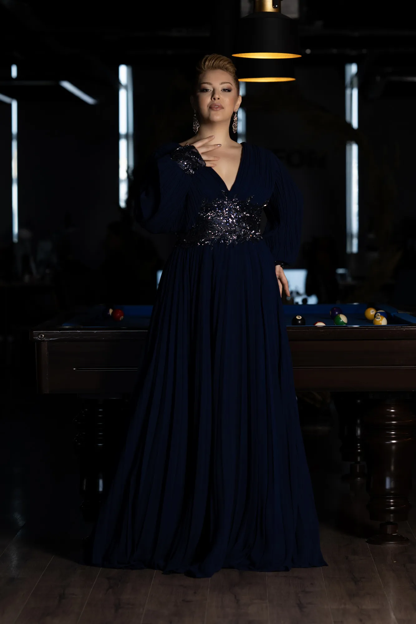 Navy Blue-Long Chiffon Plus Size Engagement Dress ABU3520