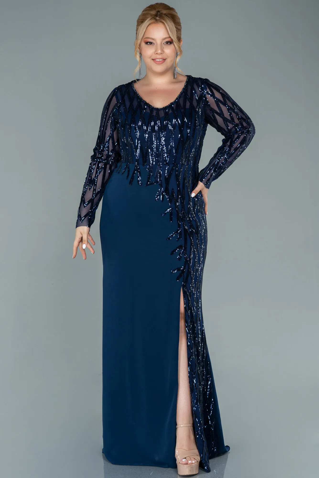 Navy Blue-Long Chiffon Plus Size Evening Dress ABU2572