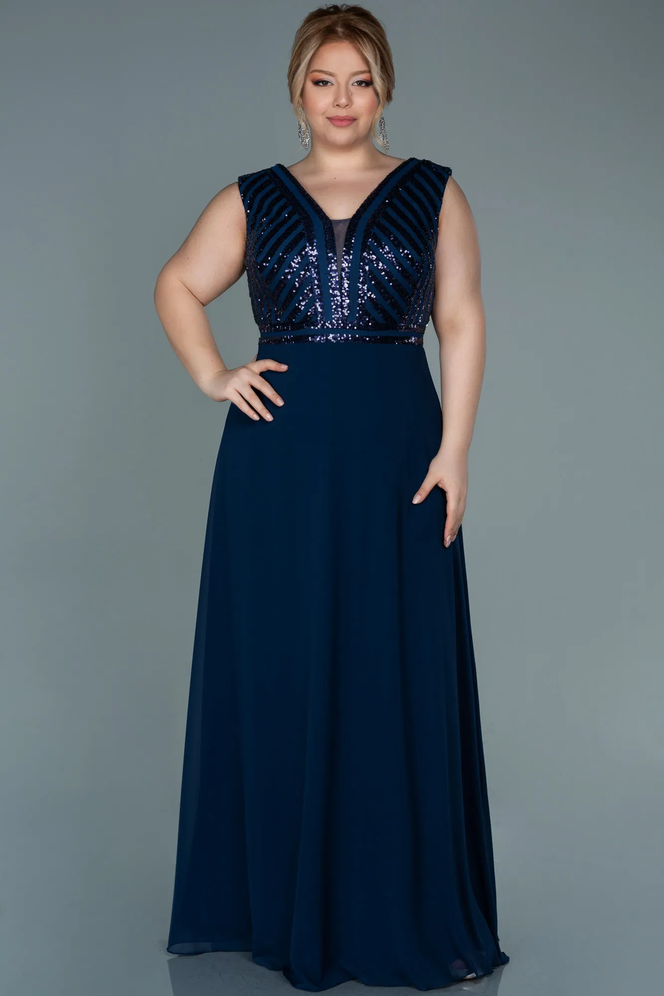 Navy Blue-Long Chiffon Plus Size Evening Dress ABU2762