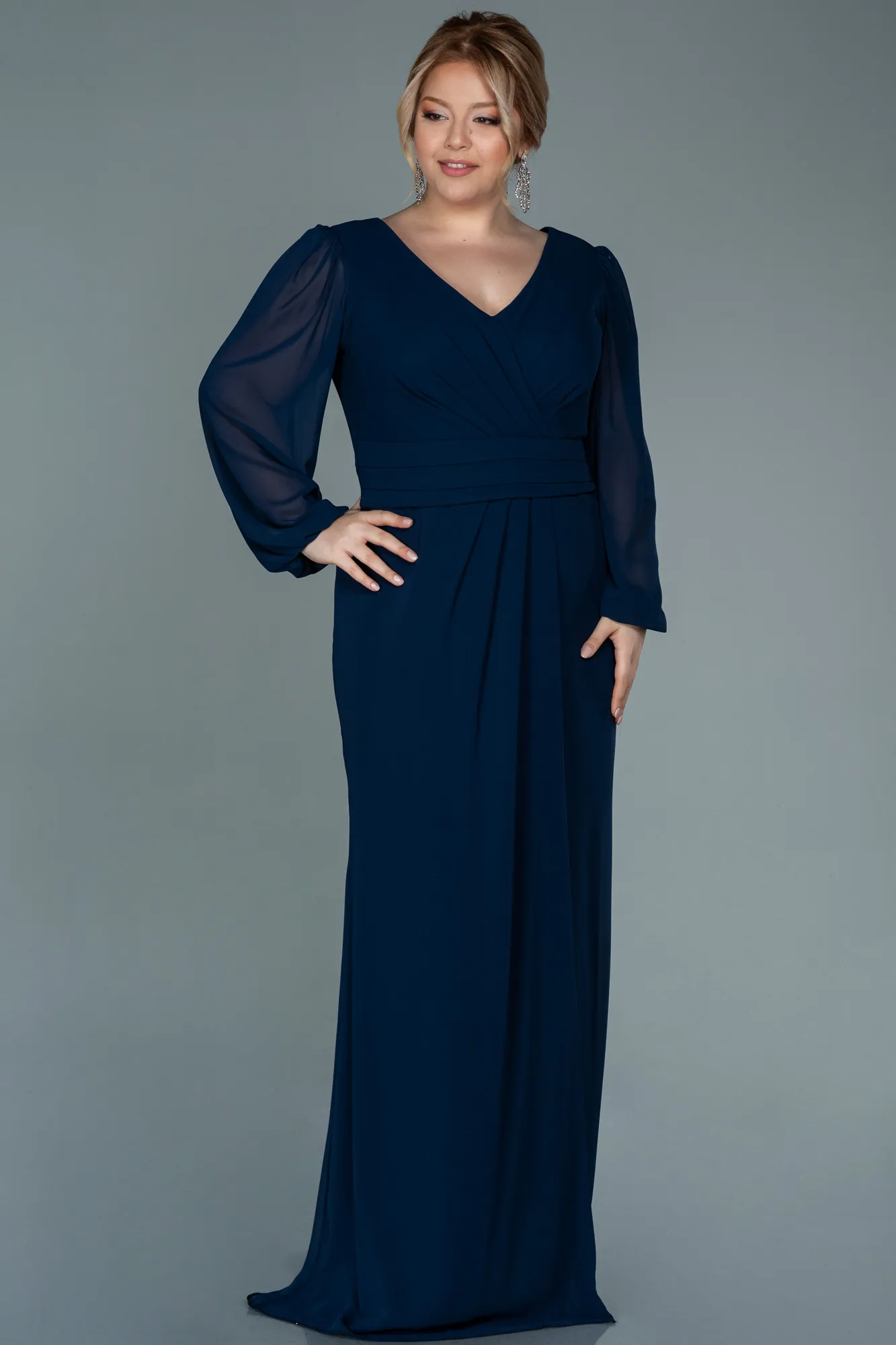 Navy Blue-Long Chiffon Plus Size Evening Dress ABU2763