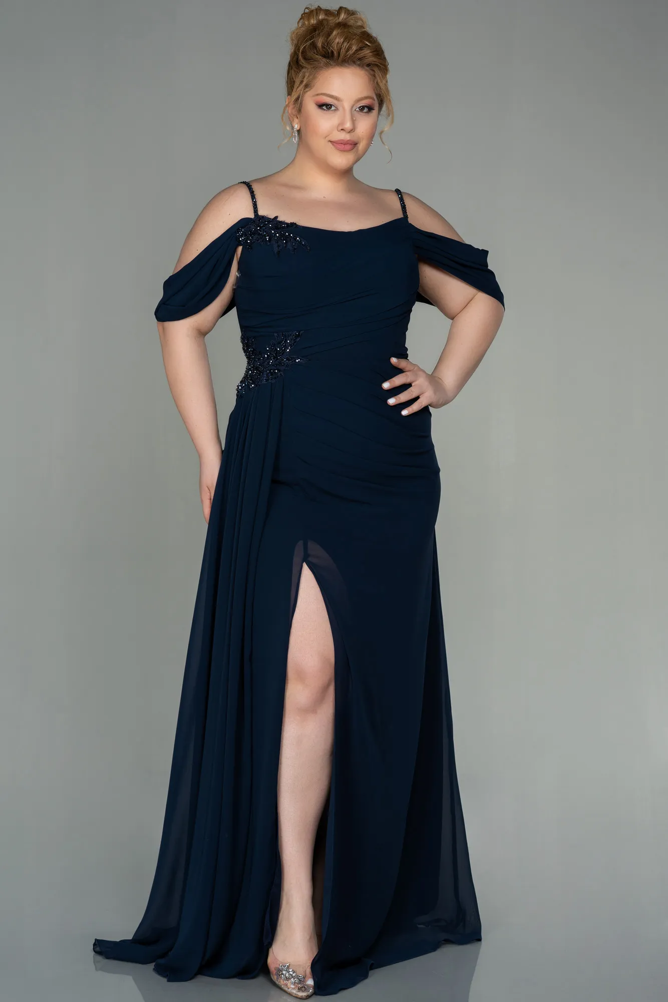 Navy Blue-Long Chiffon Plus Size Evening Dress ABU2929