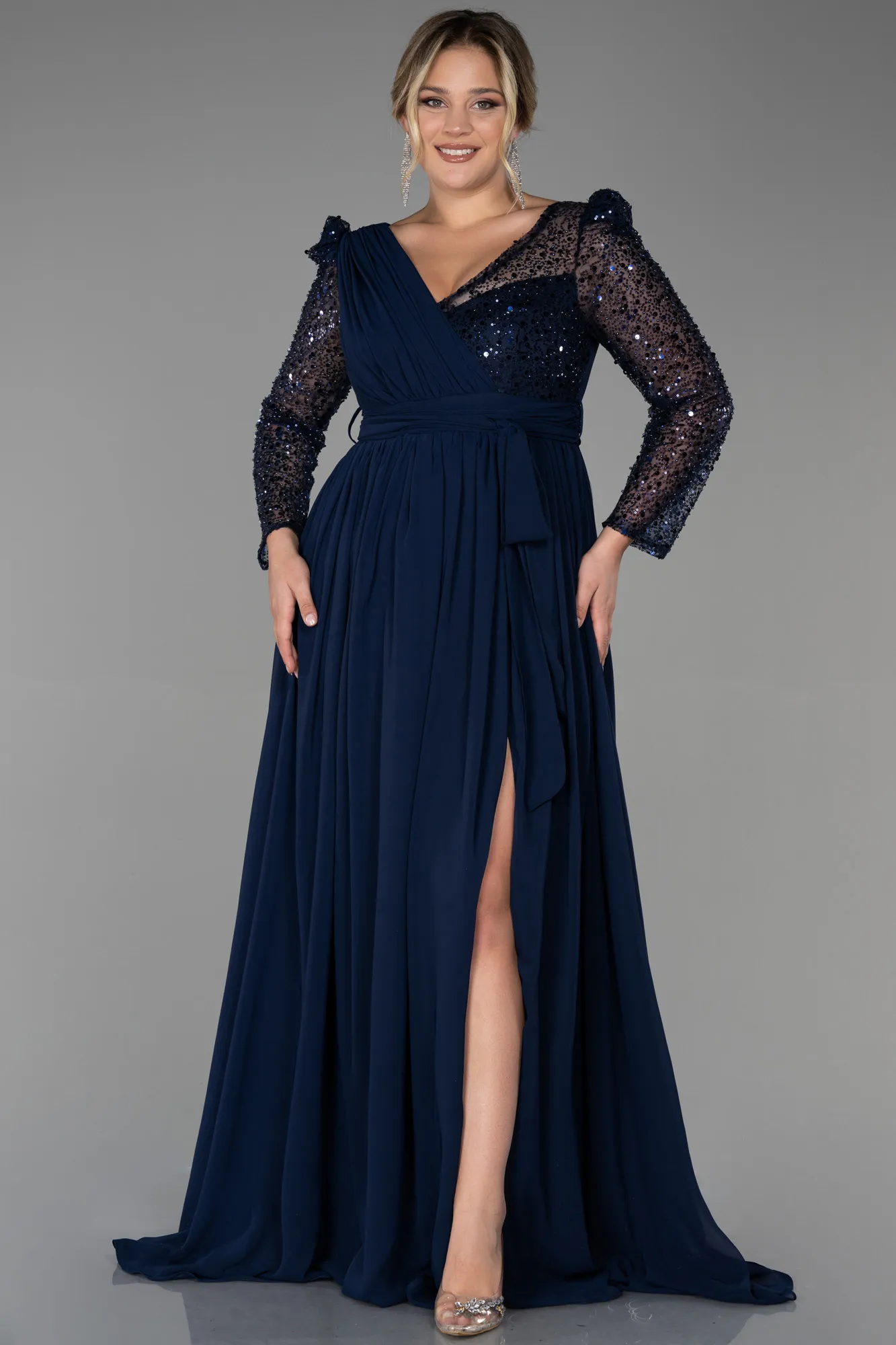 Navy Blue-Long Chiffon Plus Size Evening Dress ABU3186
