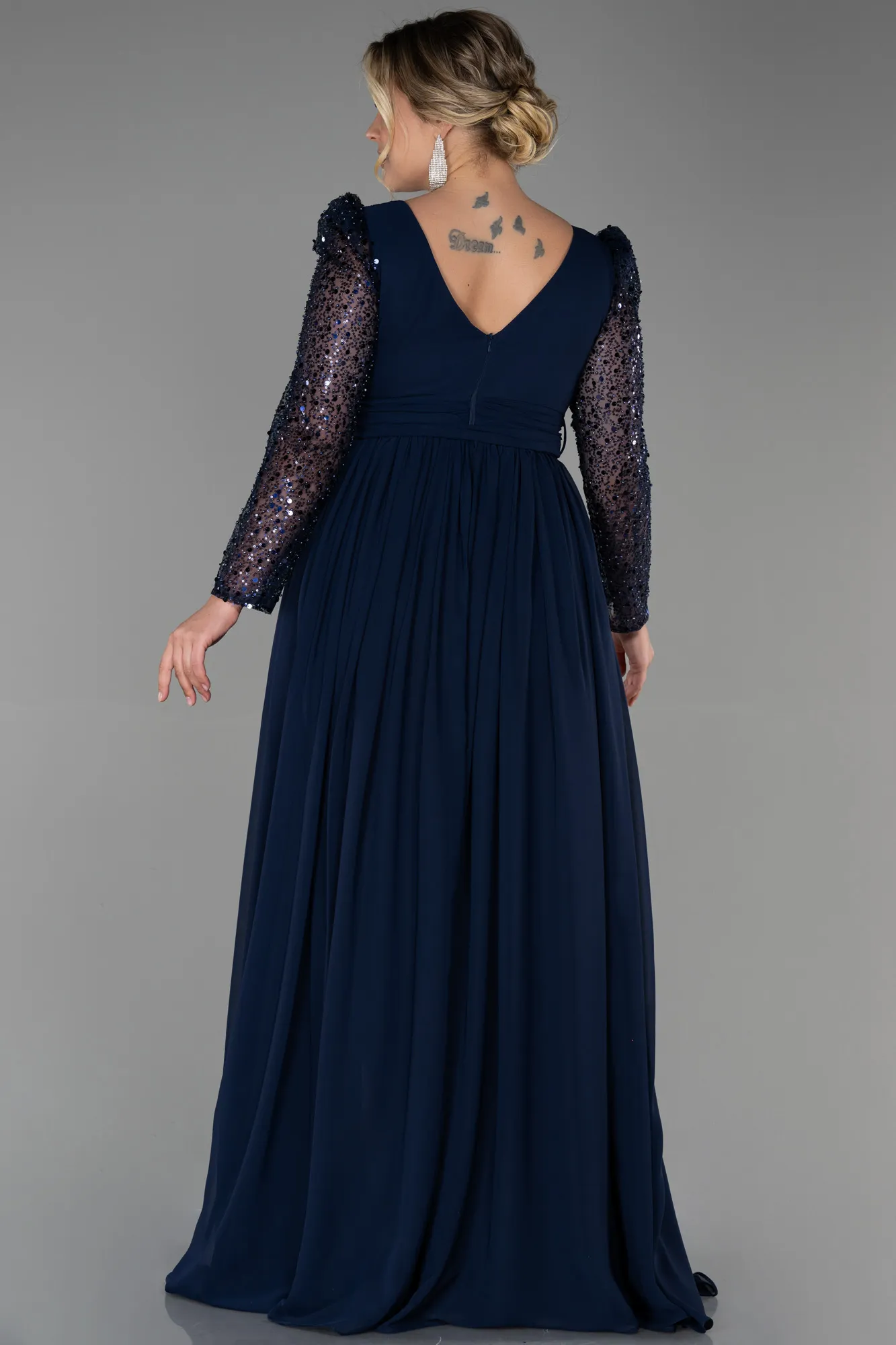 Navy Blue-Long Chiffon Plus Size Evening Dress ABU3186
