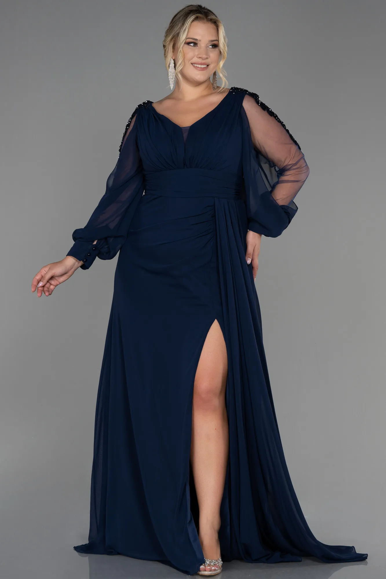 Navy Blue-Long Chiffon Plus Size Evening Dress ABU3221