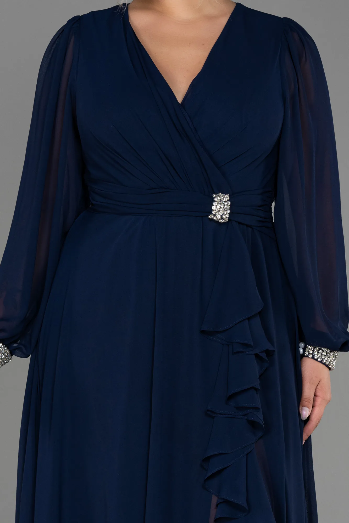 Navy Blue-Long Chiffon Plus Size Evening Dress ABU3222
