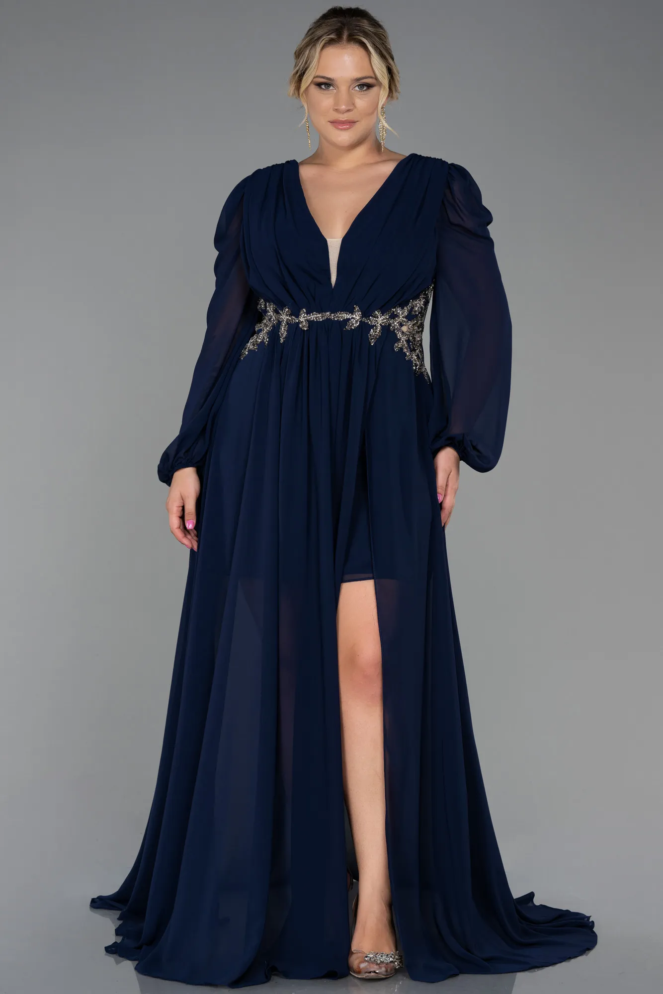 Navy Blue-Long Chiffon Plus Size Evening Dress ABU3256