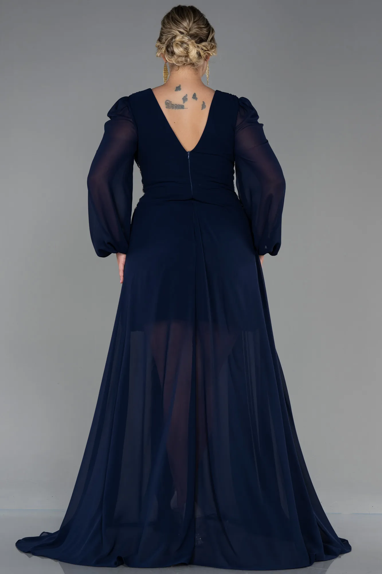 Navy Blue-Long Chiffon Plus Size Evening Dress ABU3256