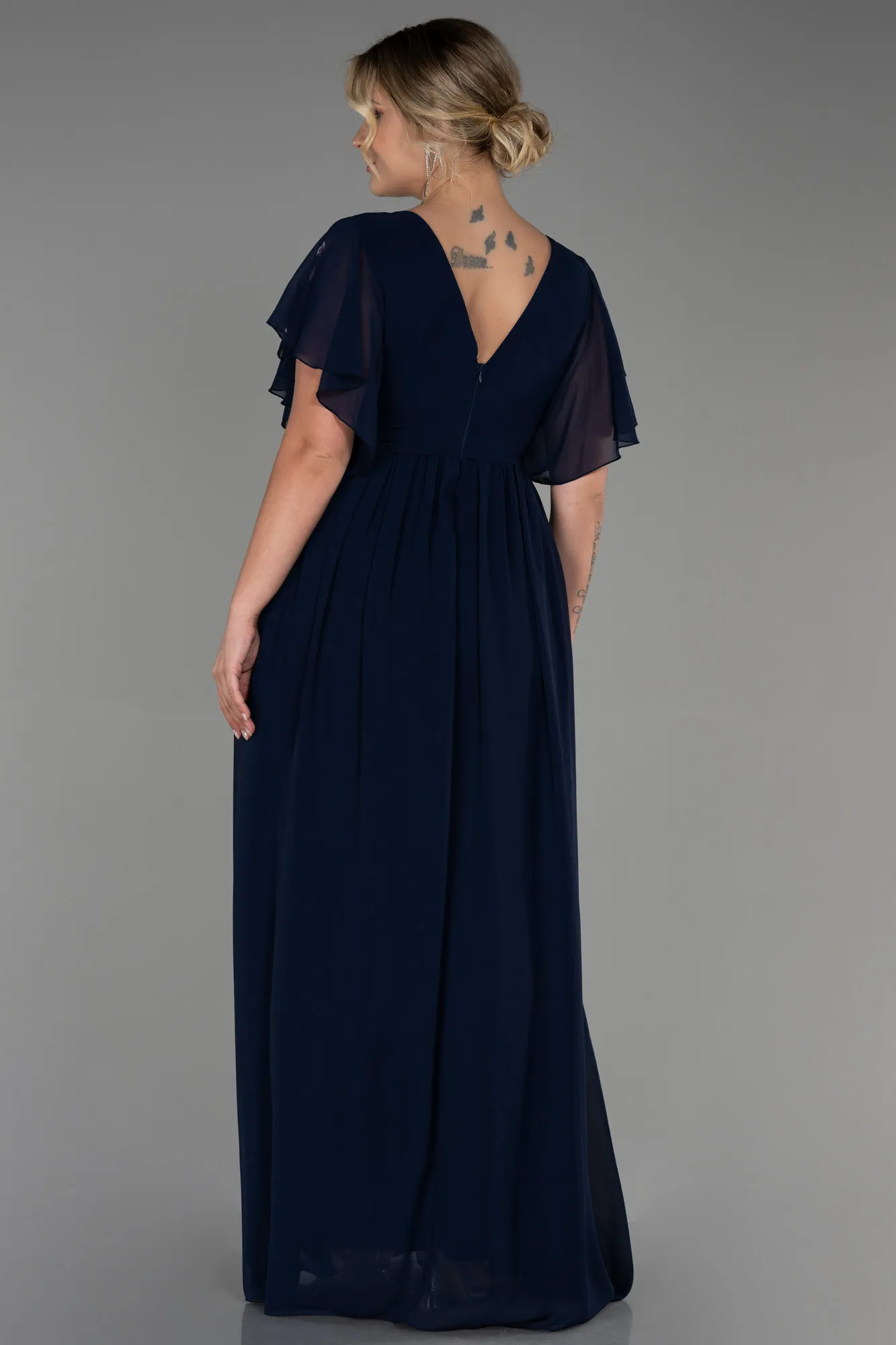 Navy Blue-Long Chiffon Plus Size Evening Dress ABU3276