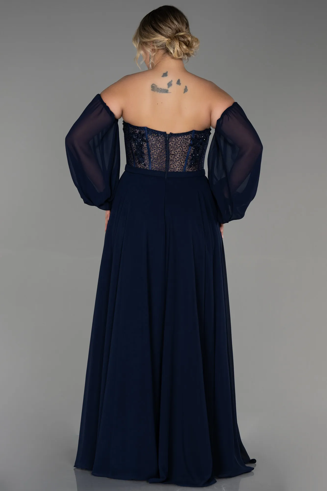 Navy Blue-Long Chiffon Plus Size Evening Dress ABU3451