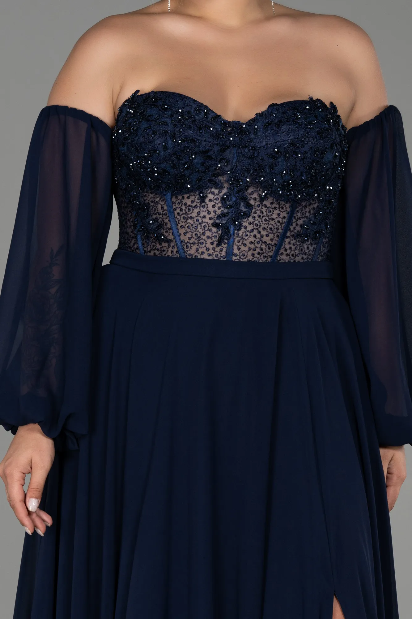 Navy Blue-Long Chiffon Plus Size Evening Dress ABU3451