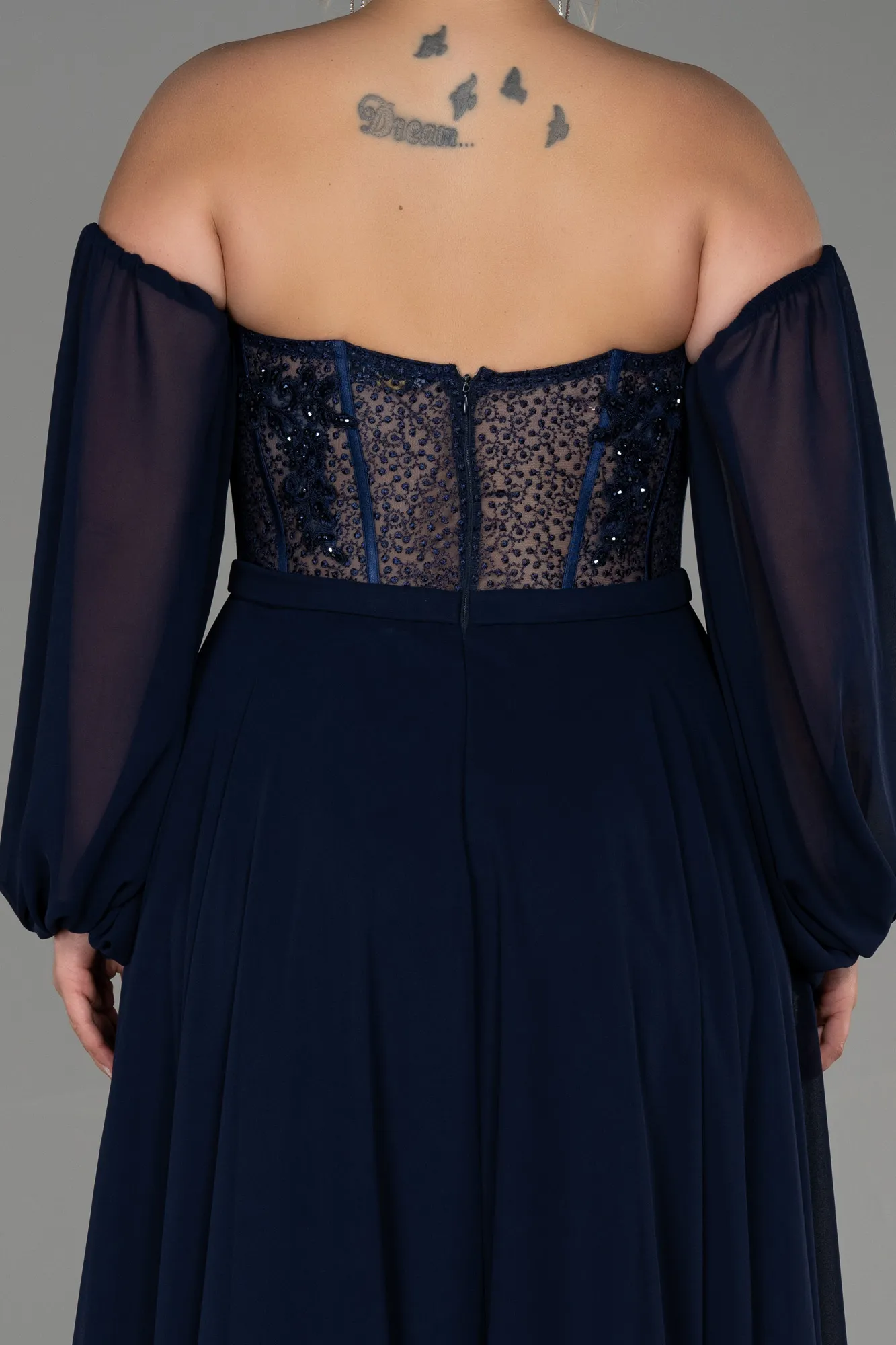 Navy Blue-Long Chiffon Plus Size Evening Dress ABU3451