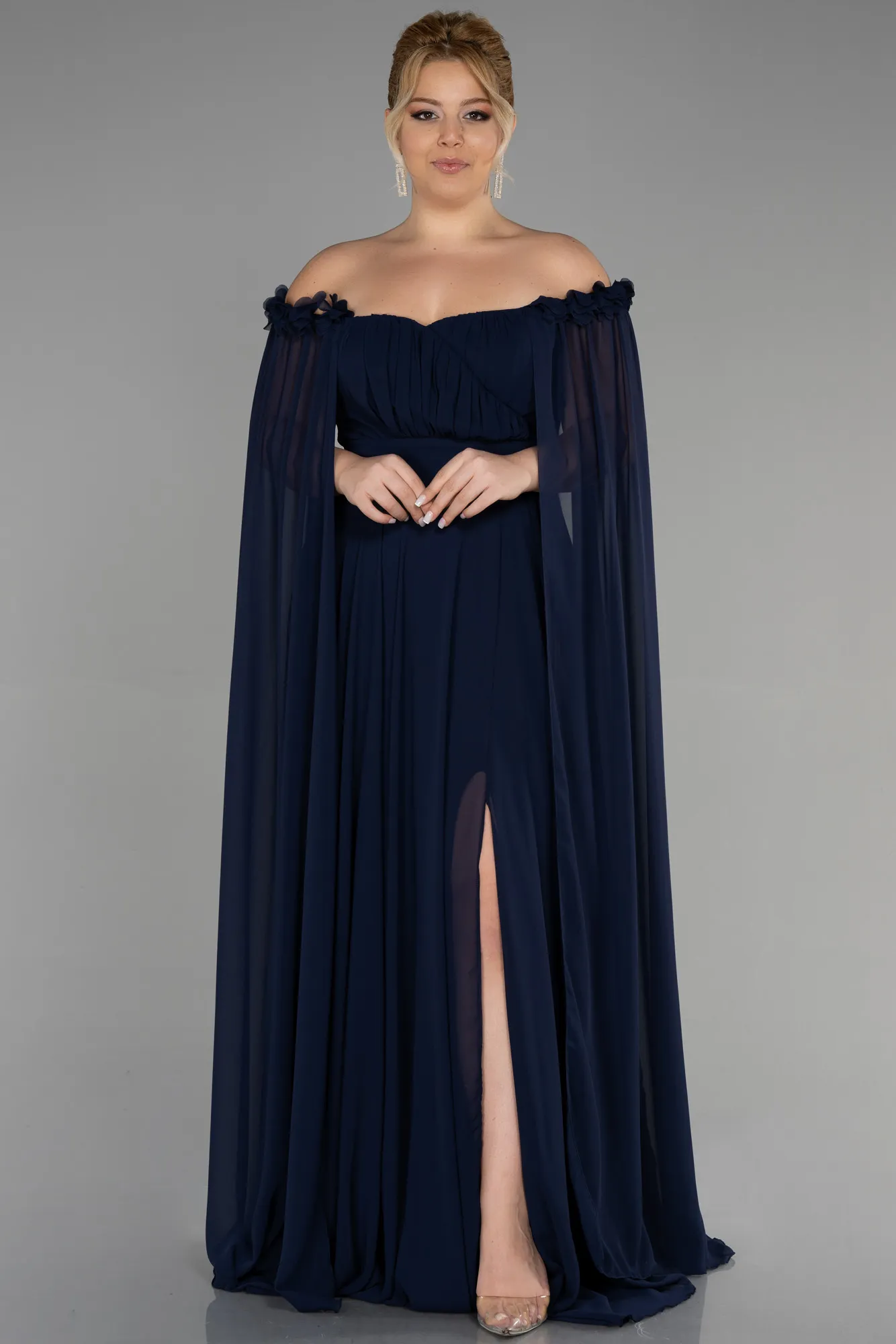 Navy Blue-Long Chiffon Plus Size Evening Dress ABU3464