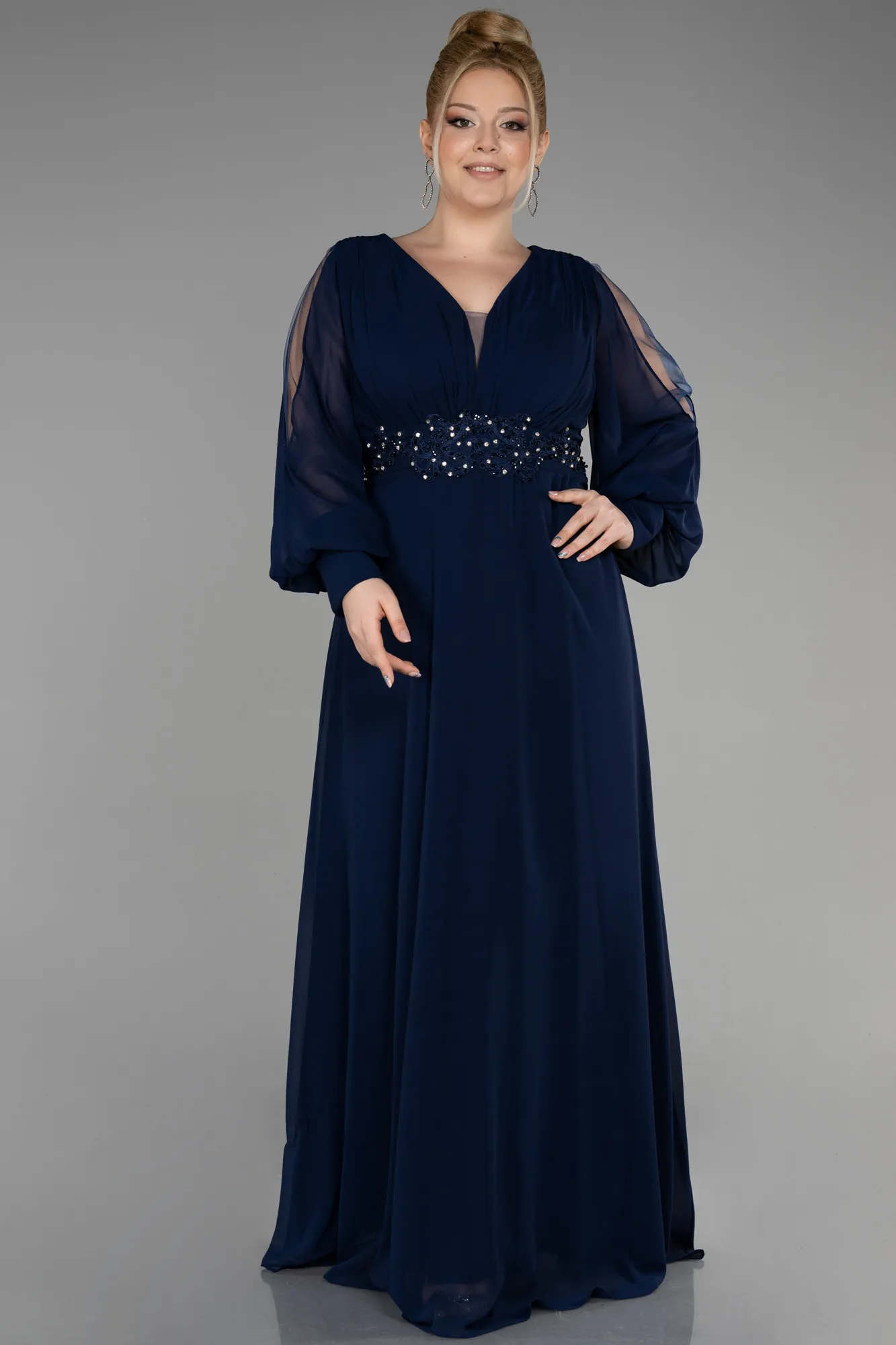 Navy Blue-Long Chiffon Plus Size Evening Dress ABU3644