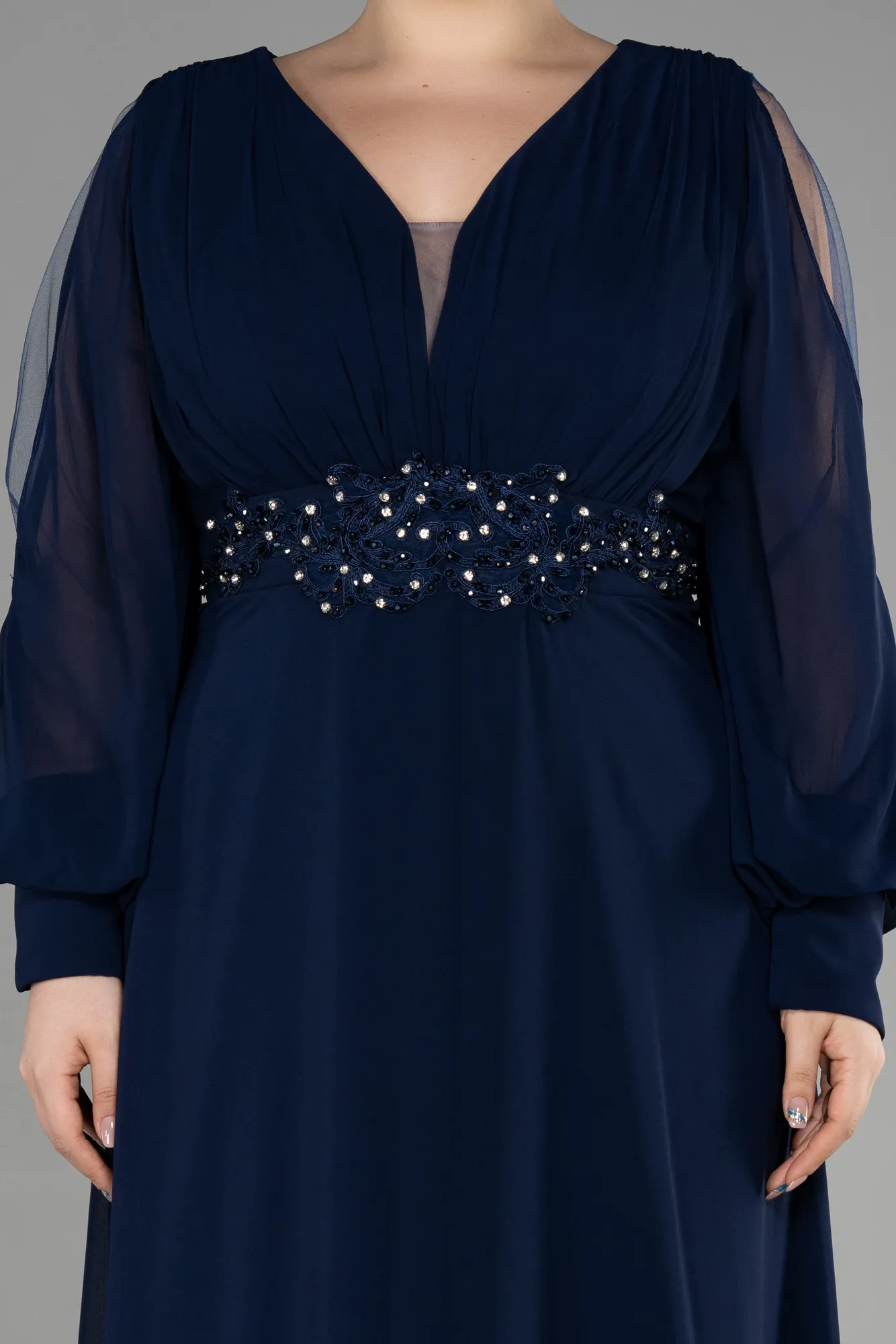 Navy Blue-Long Chiffon Plus Size Evening Dress ABU3644