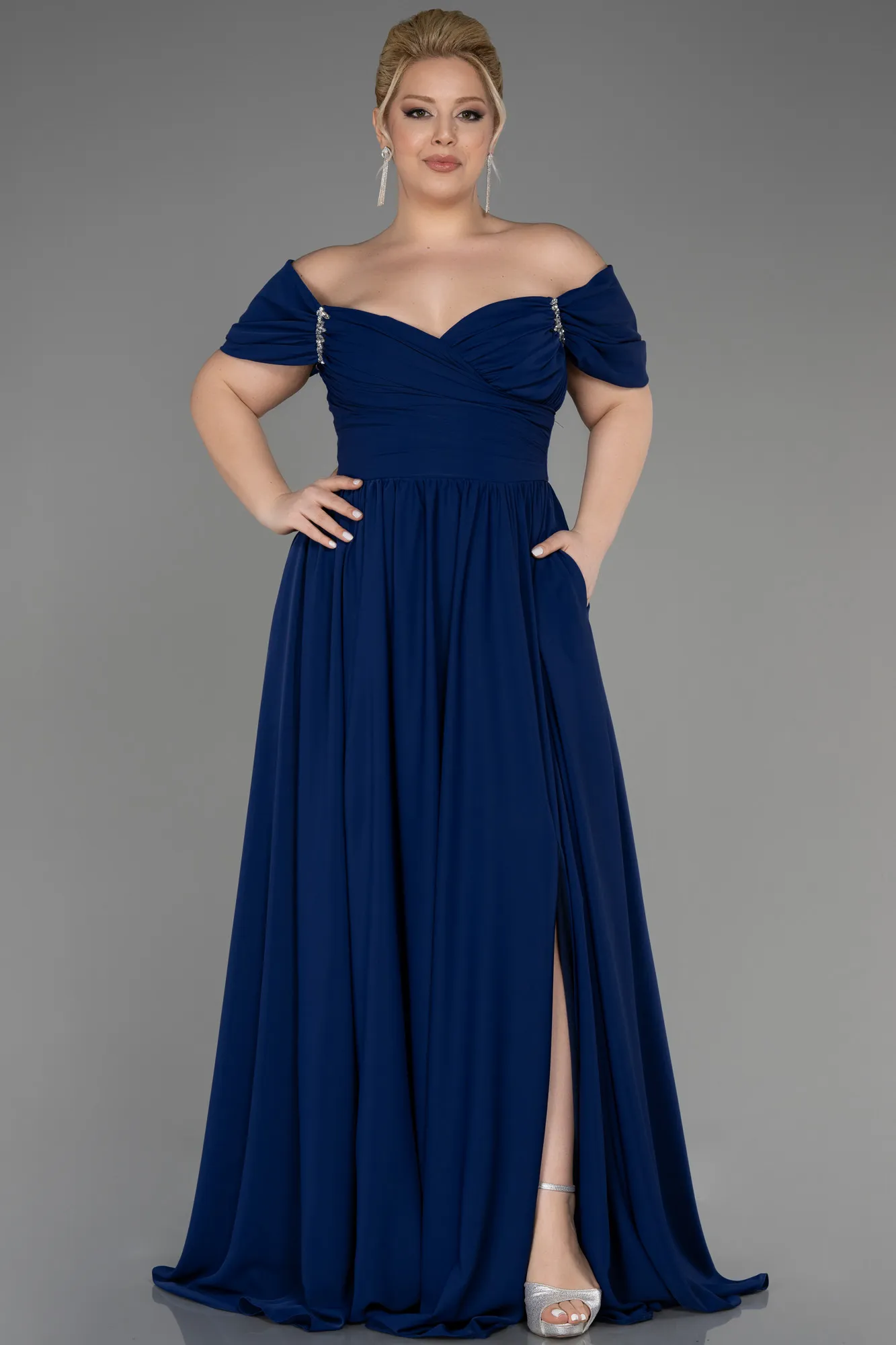 Navy Blue-Boat Neck Long Chiffon Plus Size Prom Dress ABU3738