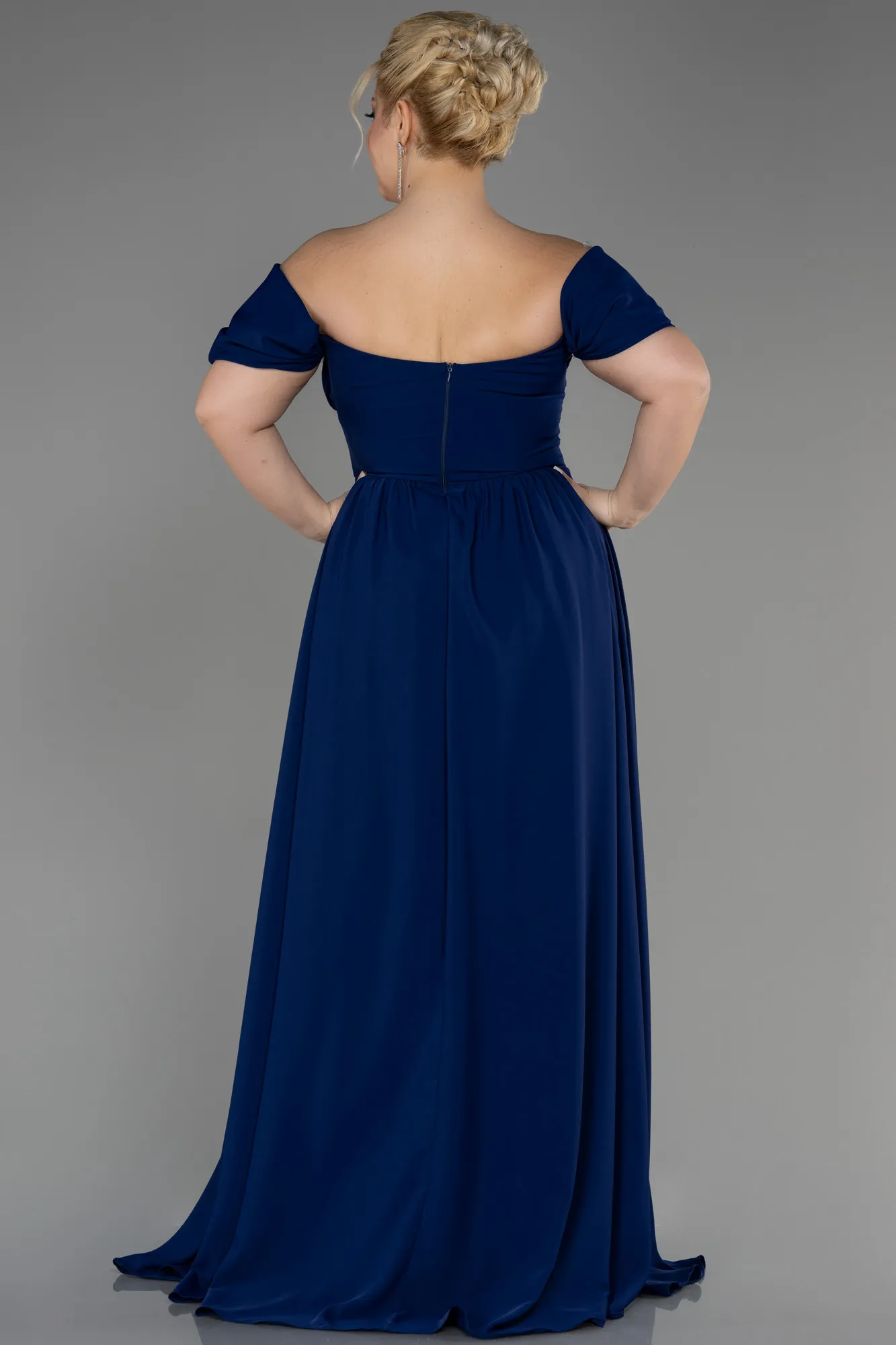 Navy Blue-Boat Neck Long Chiffon Plus Size Prom Dress ABU3738