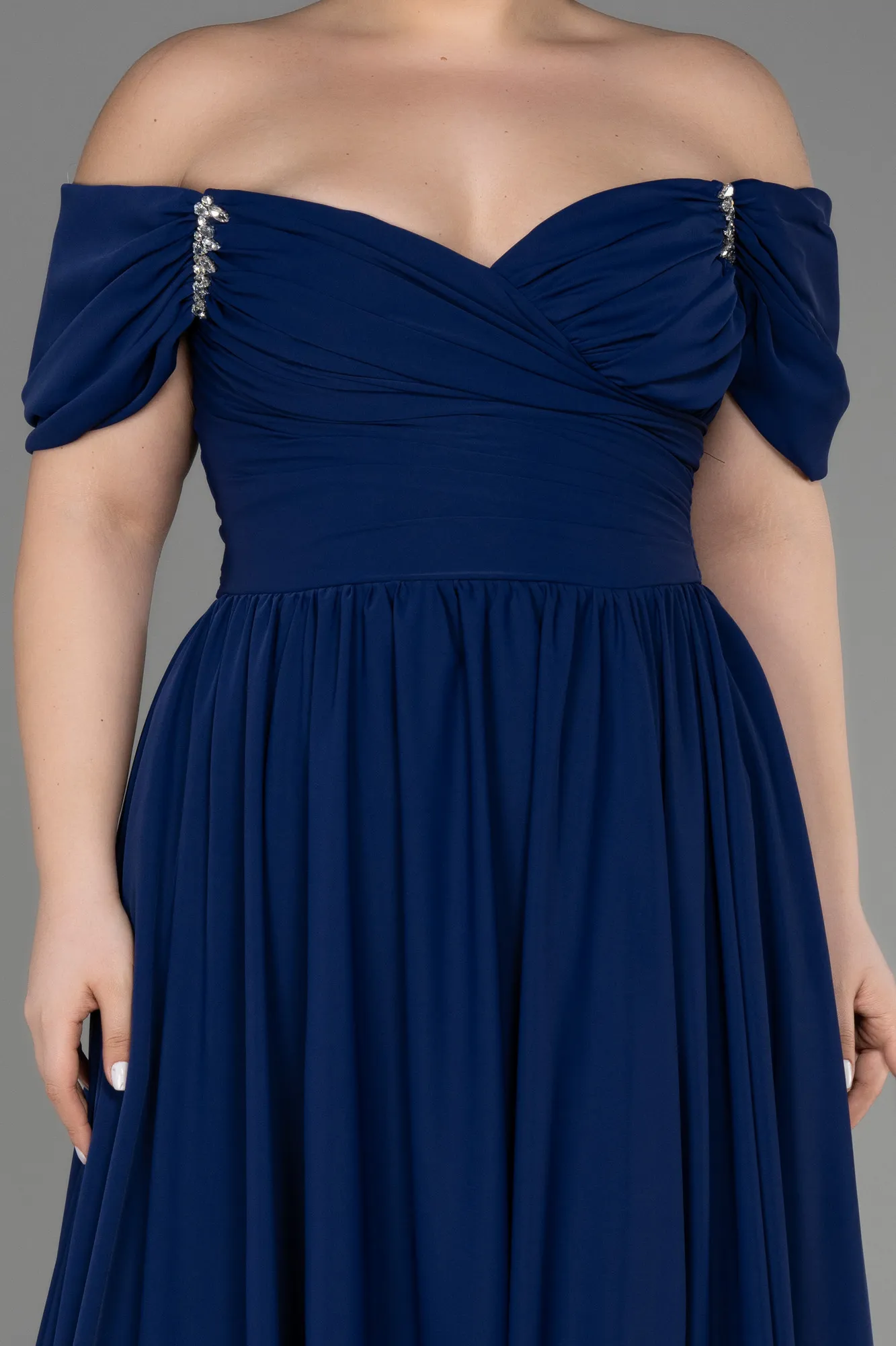 Navy Blue-Boat Neck Long Chiffon Plus Size Prom Dress ABU3738