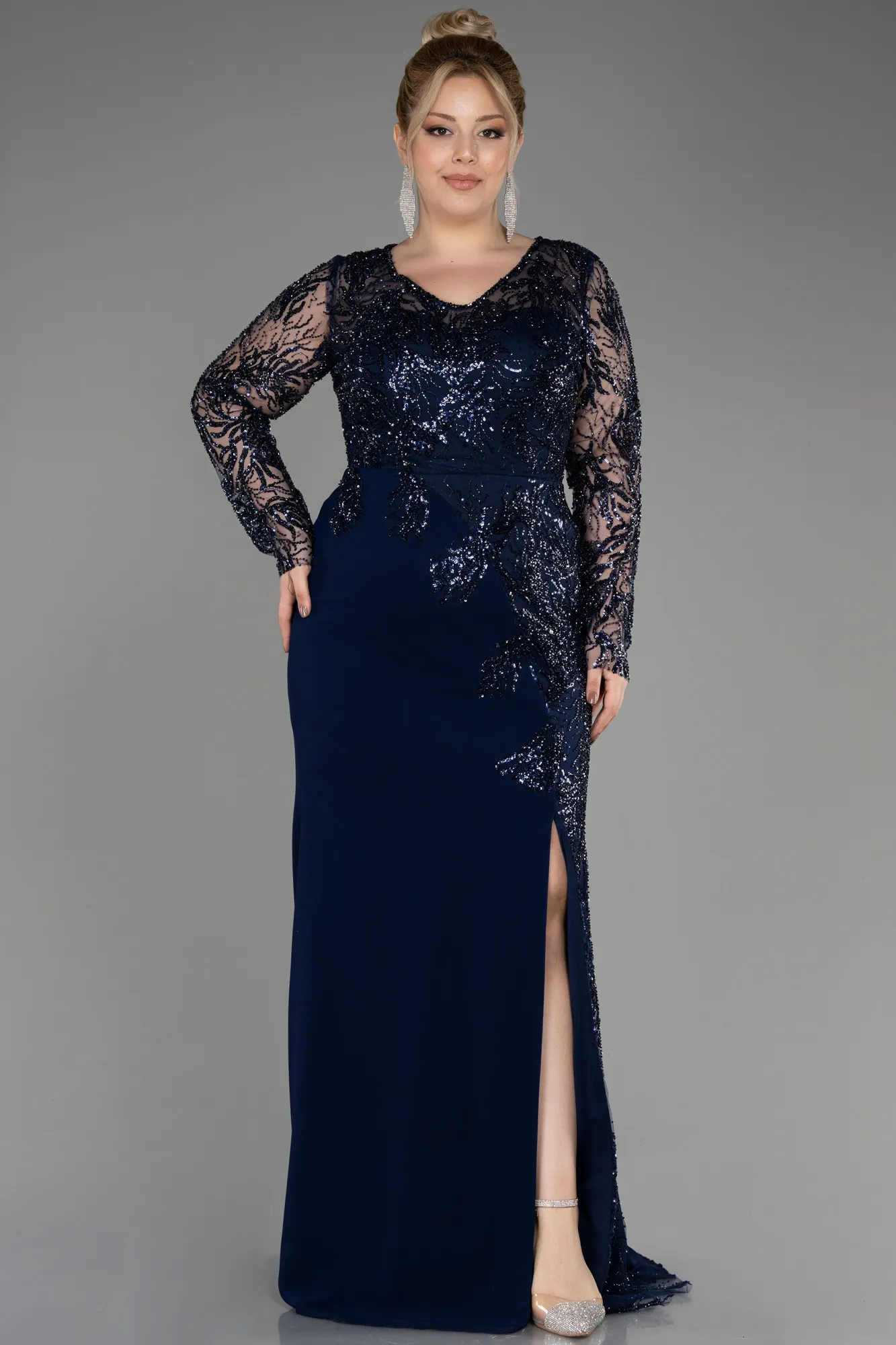 Navy Blue-Long Chiffon Plus Size Evening Dress ABU3843