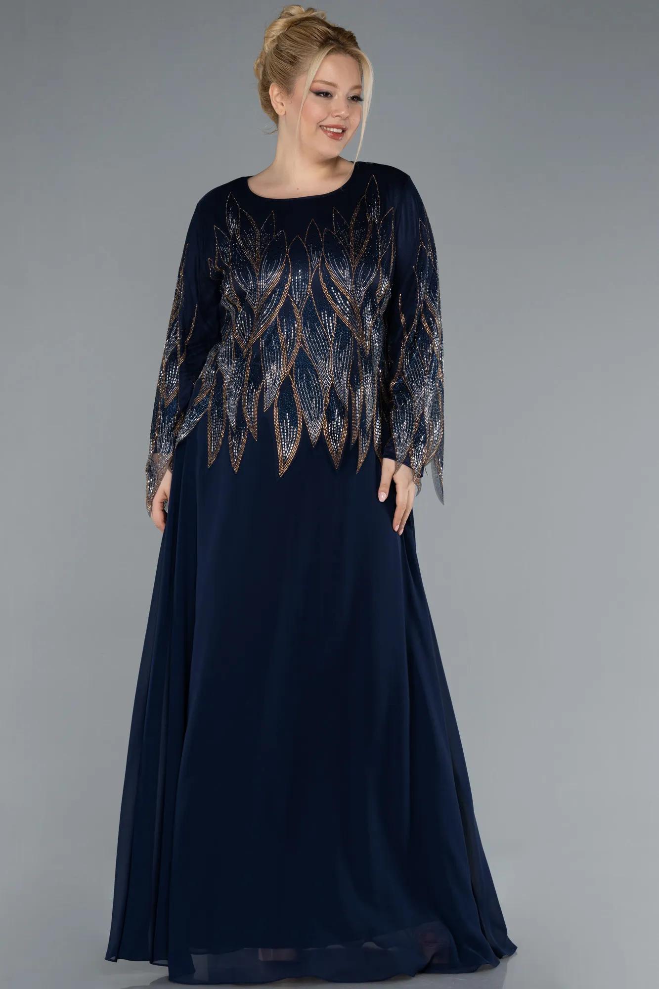 Navy Blue-Long Chiffon Plus Size Evening Dress ABU4636