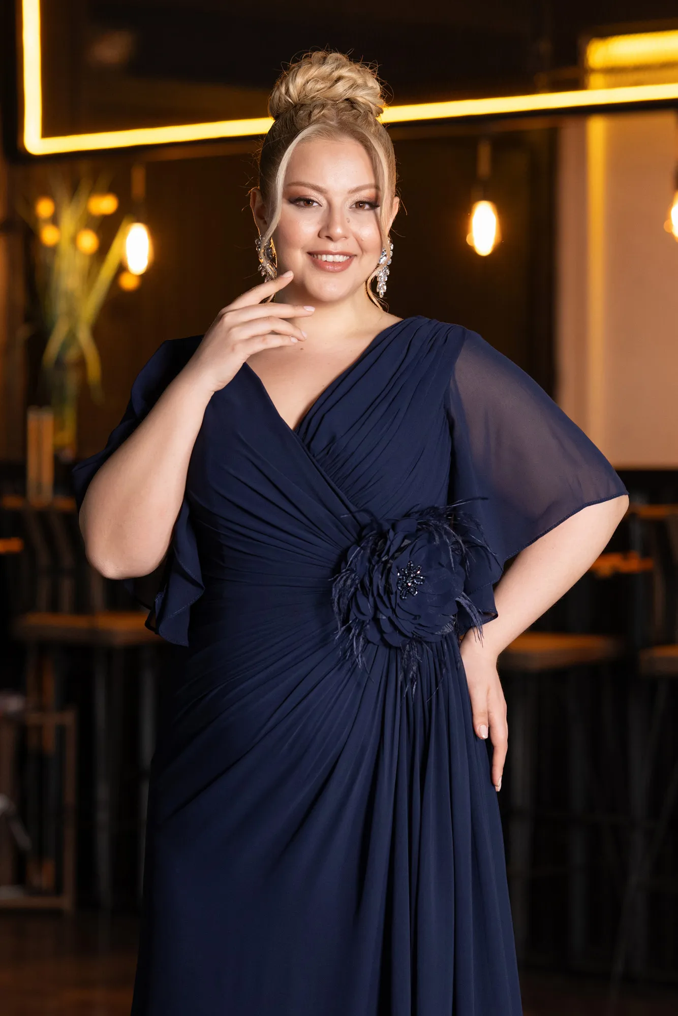 Navy Blue-Long Chiffon Plus Size Evening Dress ABU4911