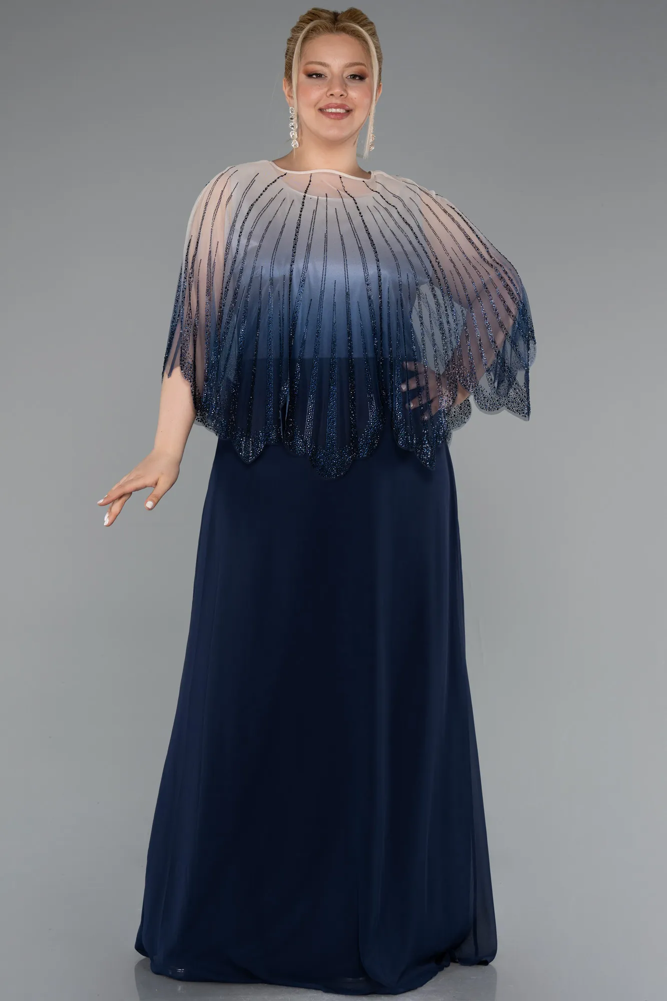 Navy Blue-Long Chiffon Plus Size Evening Dress ABU5090