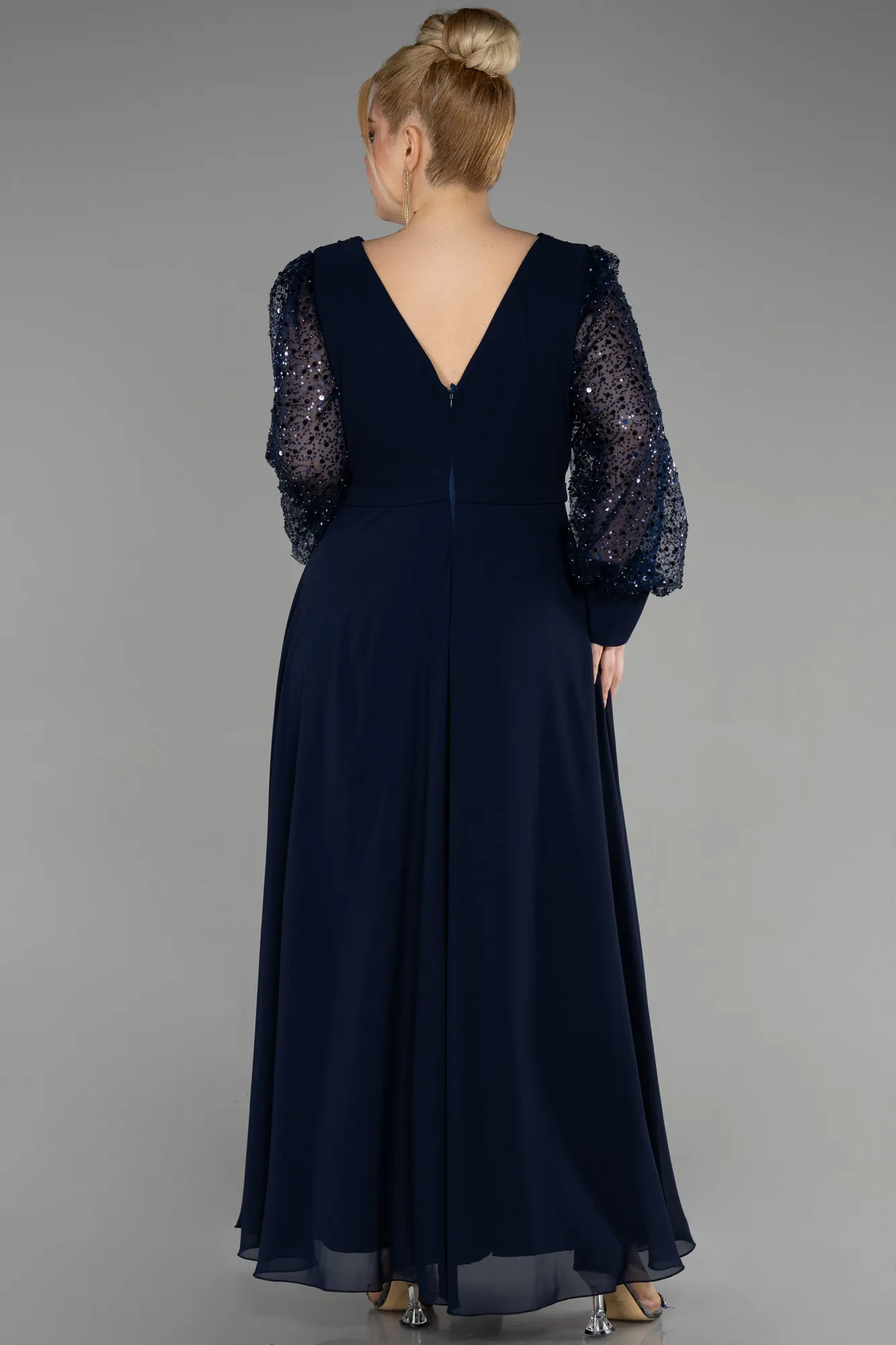 Navy Blue-Long Chiffon Plus Size Evening Gown ABU3643