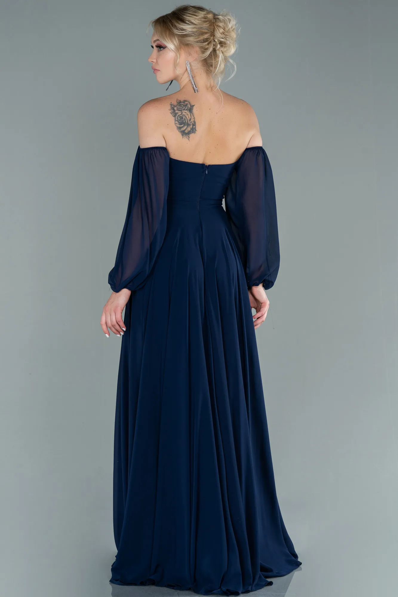 Navy Blue-Long Chiffon Prom Gown ABU2457