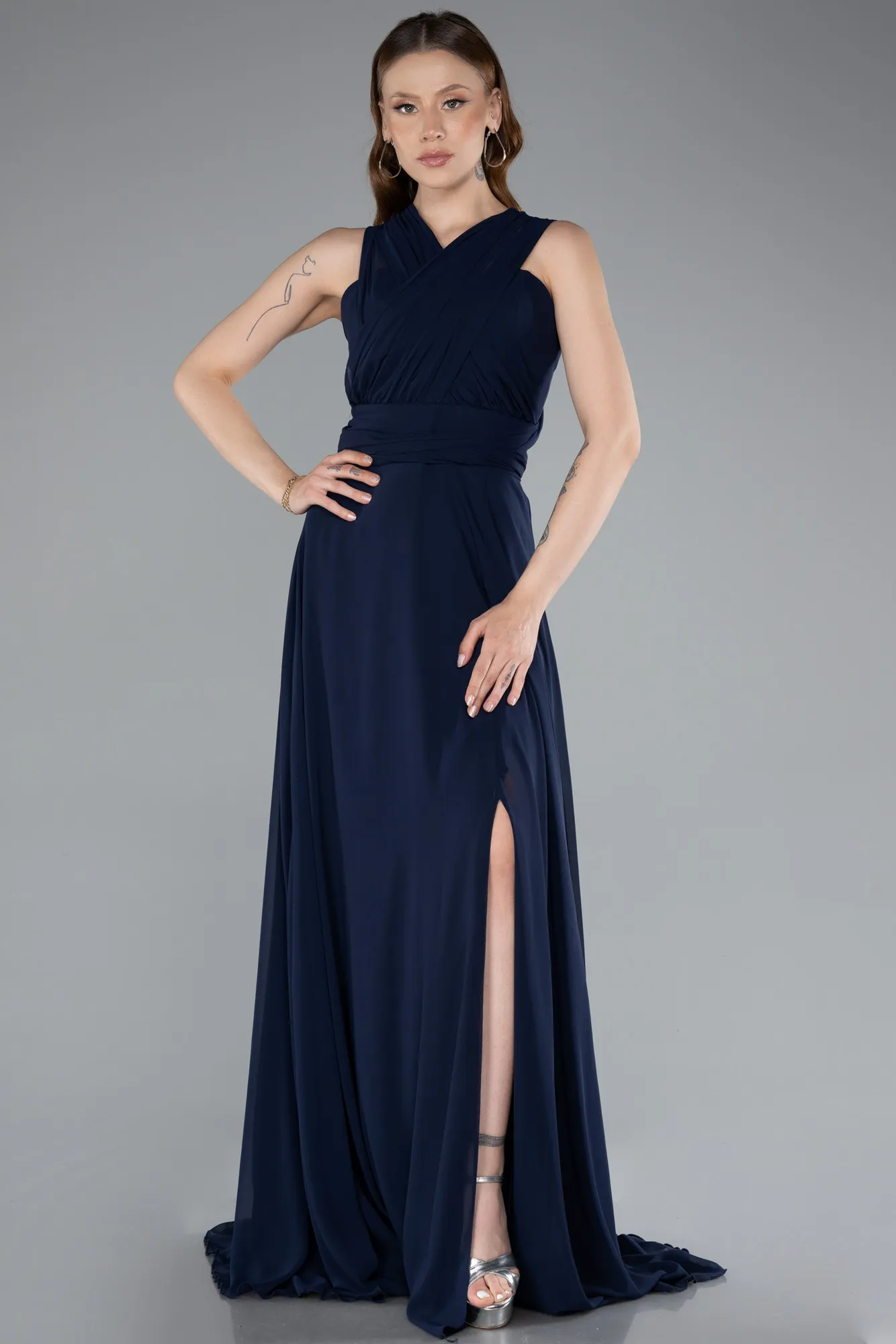 Navy Blue-Long Chiffon Prom Gown ABU4965