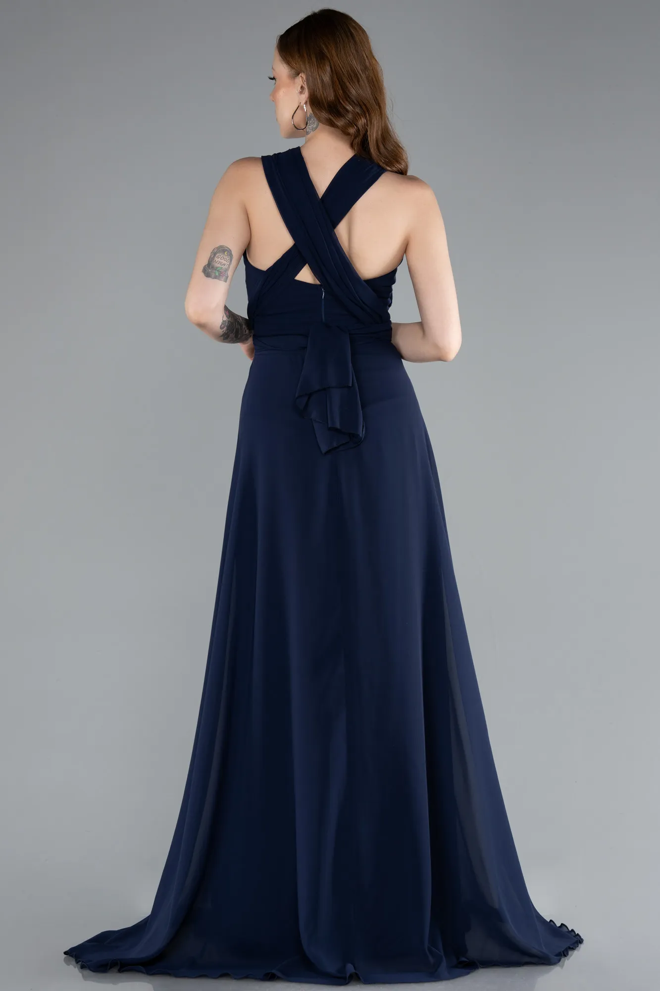Navy Blue-Long Chiffon Prom Gown ABU4965