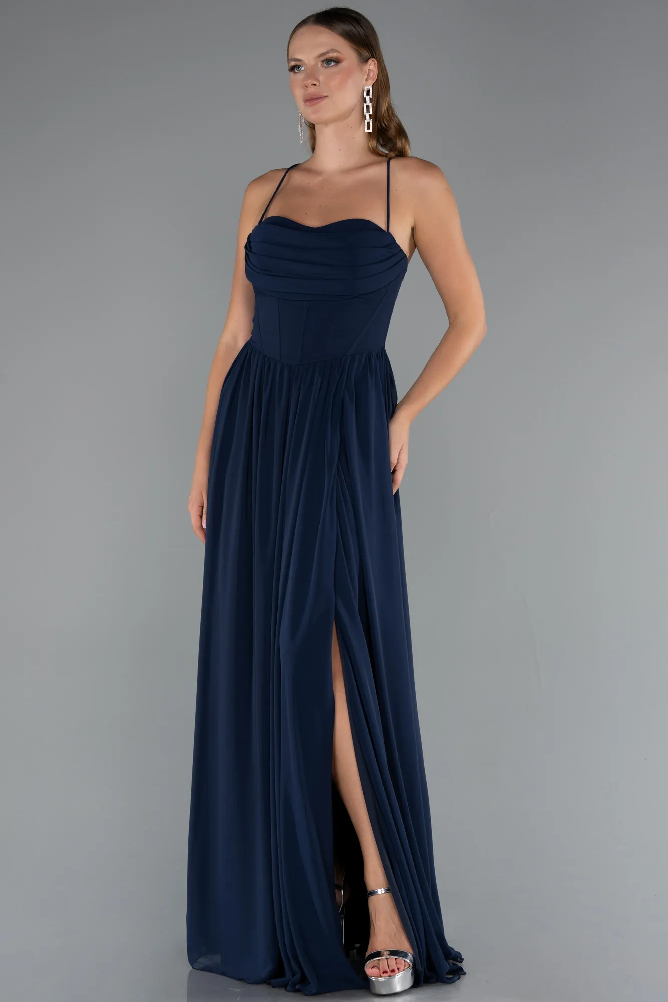 Navy Blue-Long Chiffon Prom Gown ABU5223