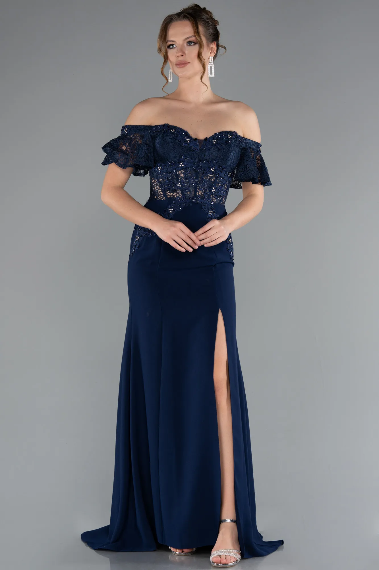 Navy Blue-Long Dantelle Evening Dress ABU2261