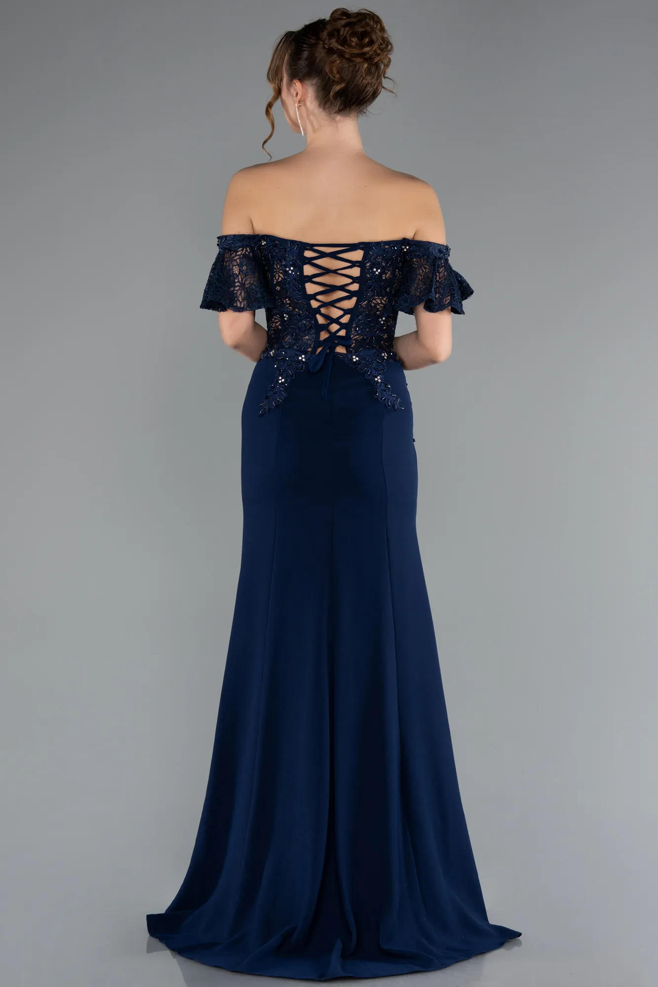 Navy Blue-Long Dantelle Evening Dress ABU2261