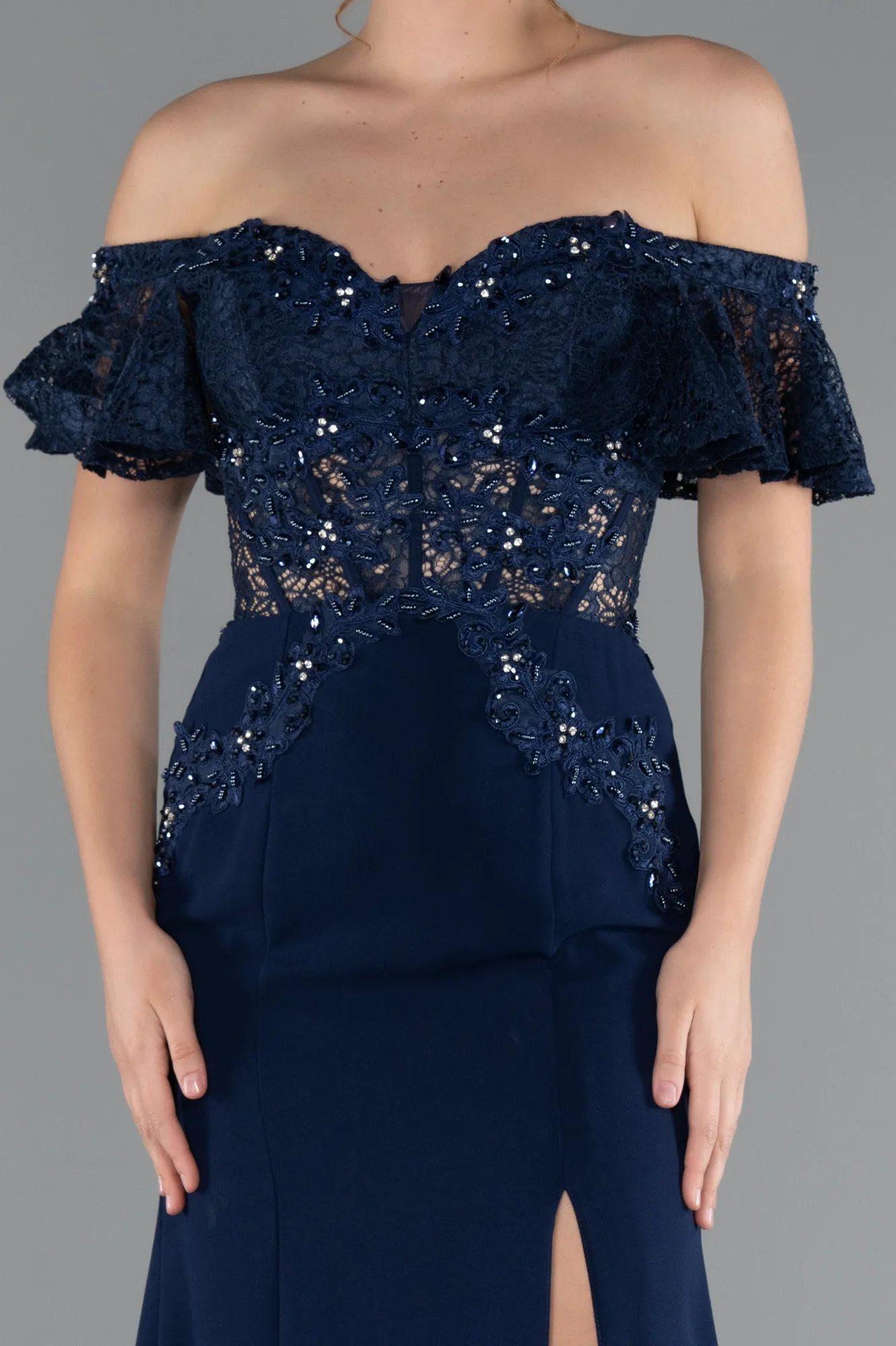 Navy Blue-Long Dantelle Evening Dress ABU2261