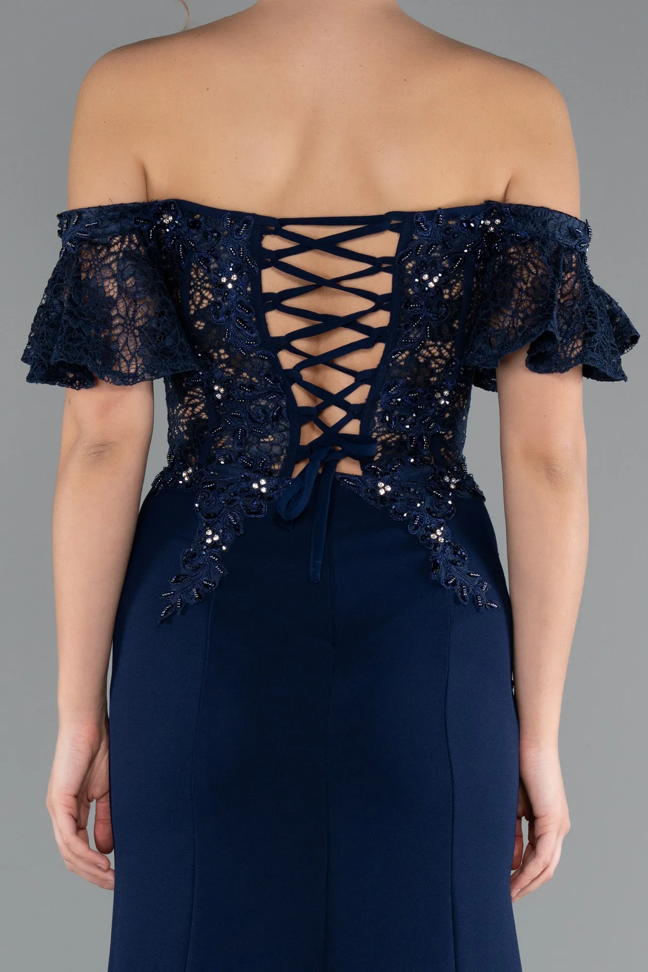 Navy Blue-Long Dantelle Evening Dress ABU2261