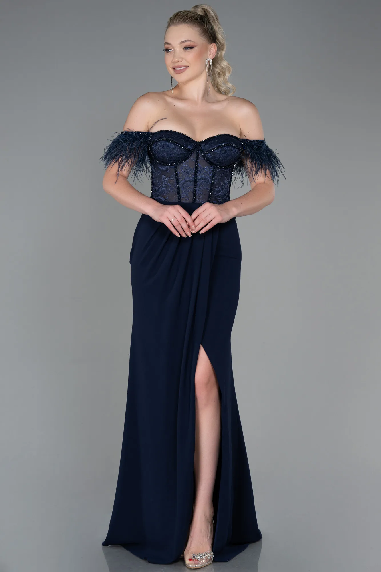 Navy Blue-Long Dantelle Evening Dress ABU3263
