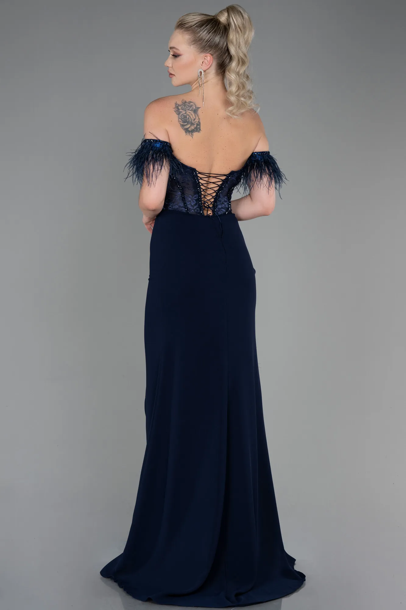 Navy Blue-Long Dantelle Evening Dress ABU3263