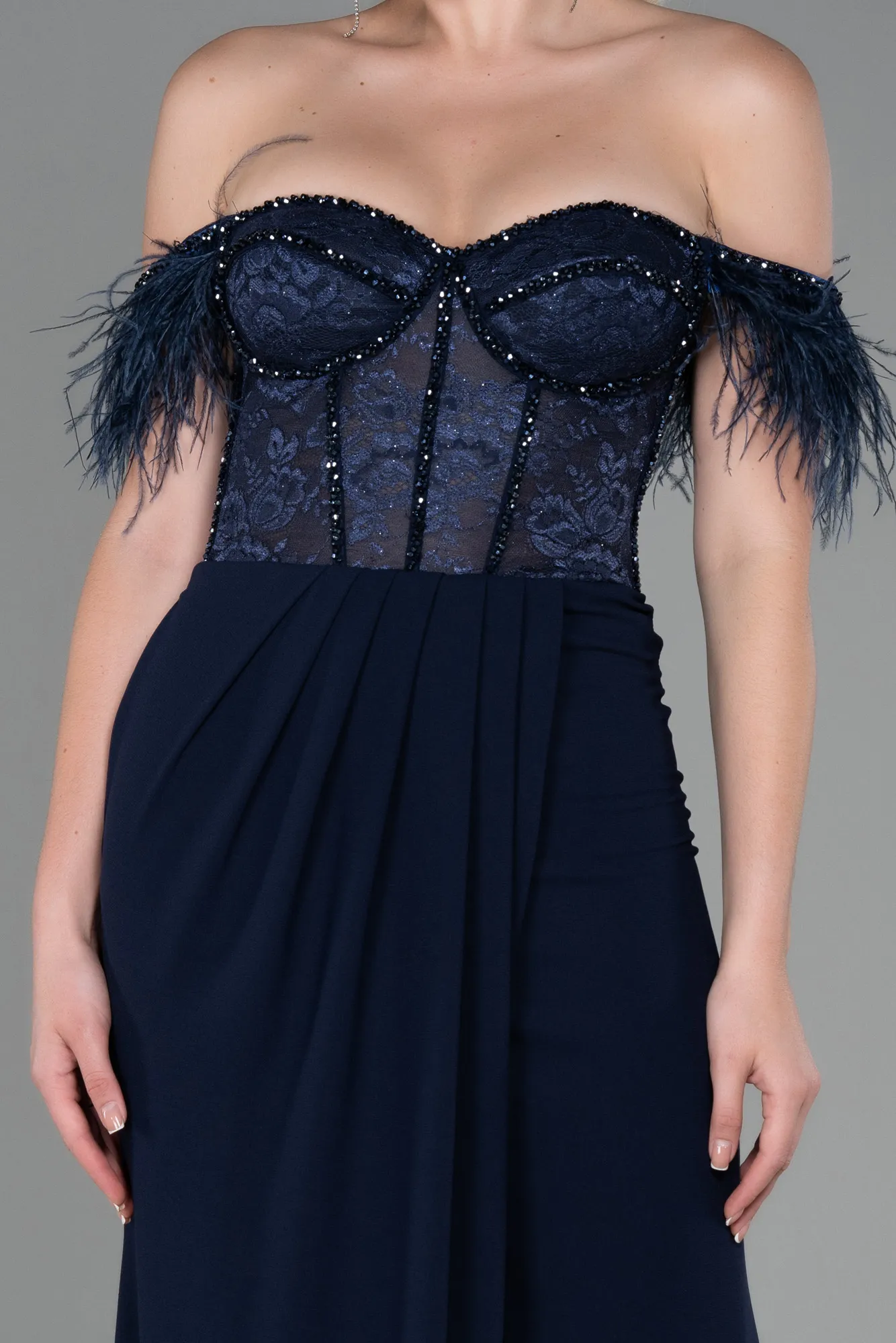 Navy Blue-Long Dantelle Evening Dress ABU3263