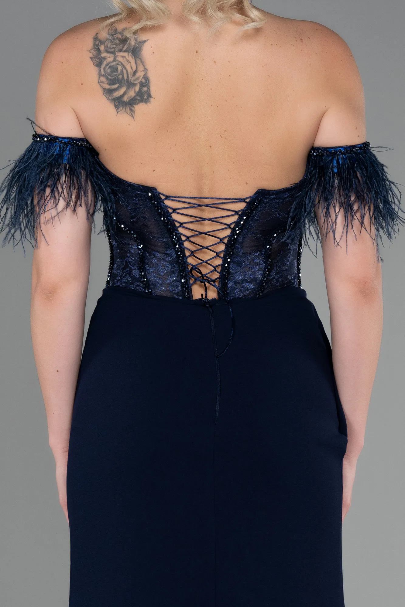 Navy Blue-Long Dantelle Evening Dress ABU3263