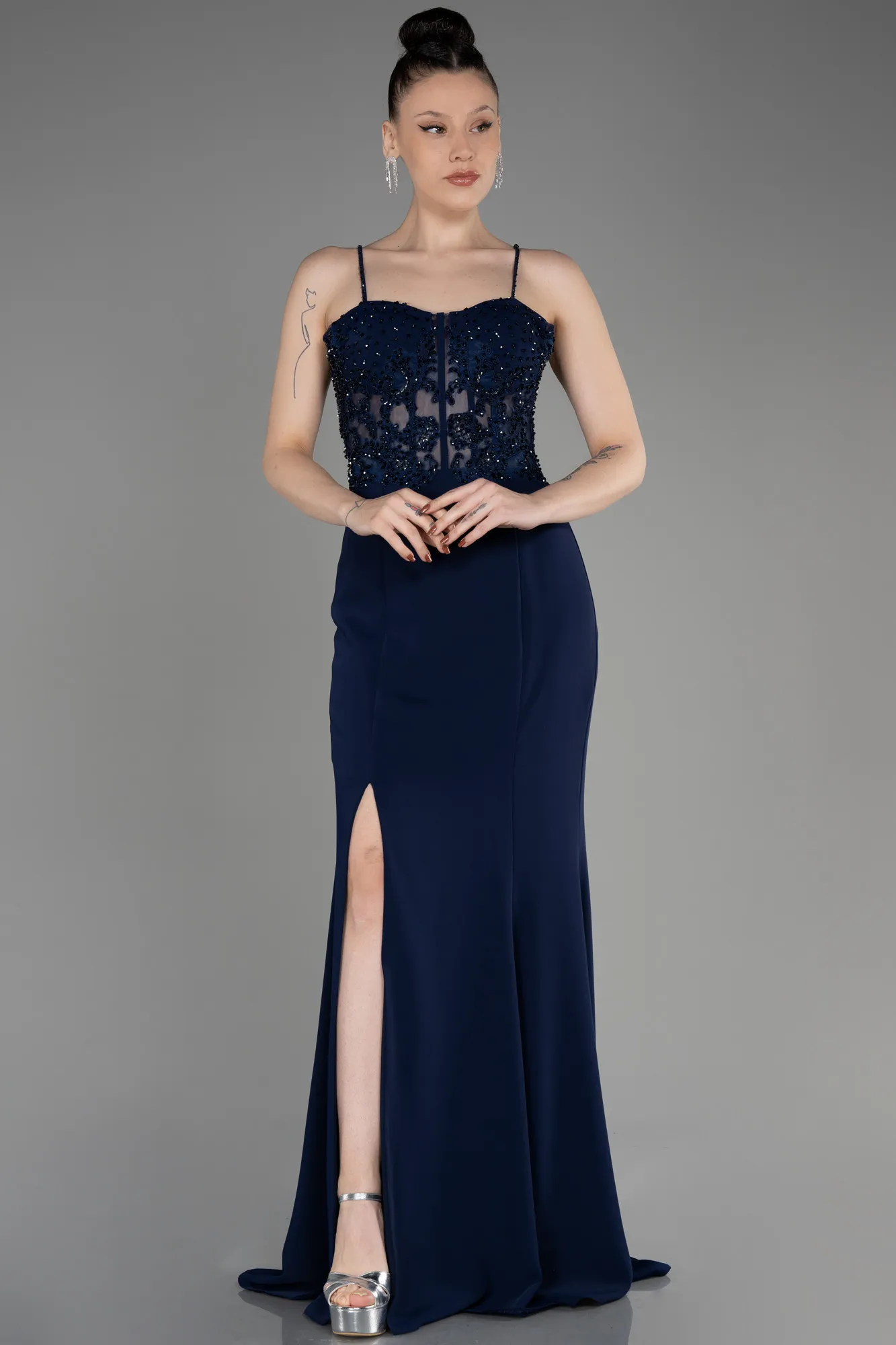 Navy Blue-Long Dantelle Evening Dress ABU3836