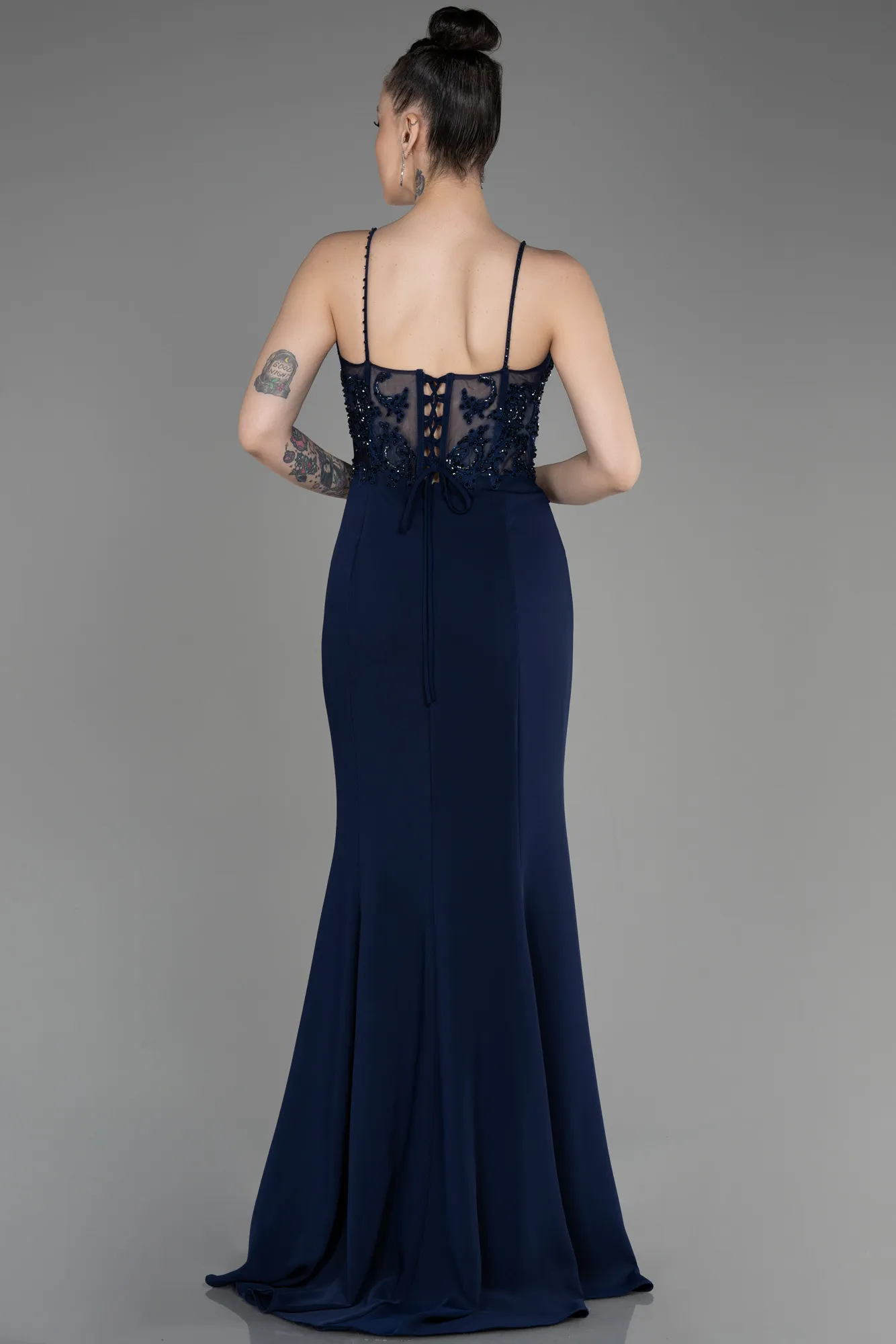 Navy Blue-Long Dantelle Evening Dress ABU3836