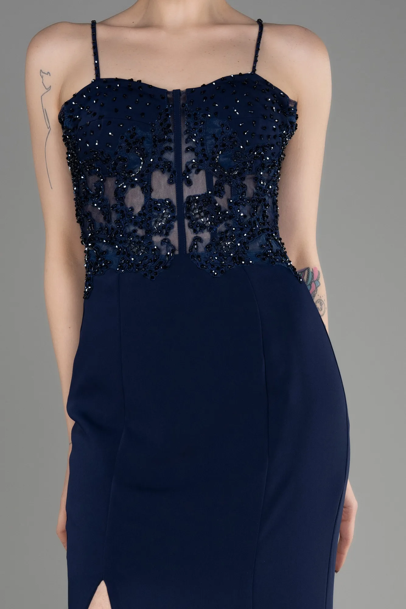 Navy Blue-Long Dantelle Evening Dress ABU3836