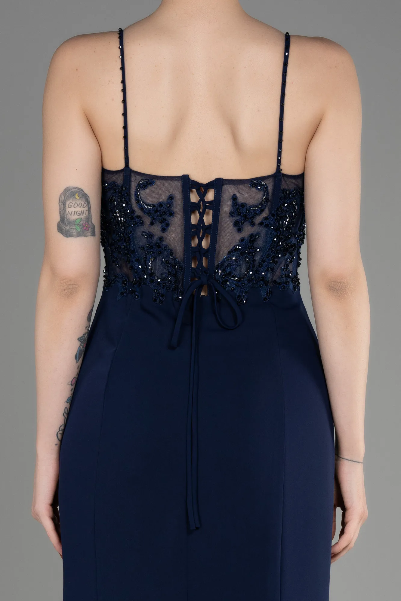 Navy Blue-Long Dantelle Evening Dress ABU3836
