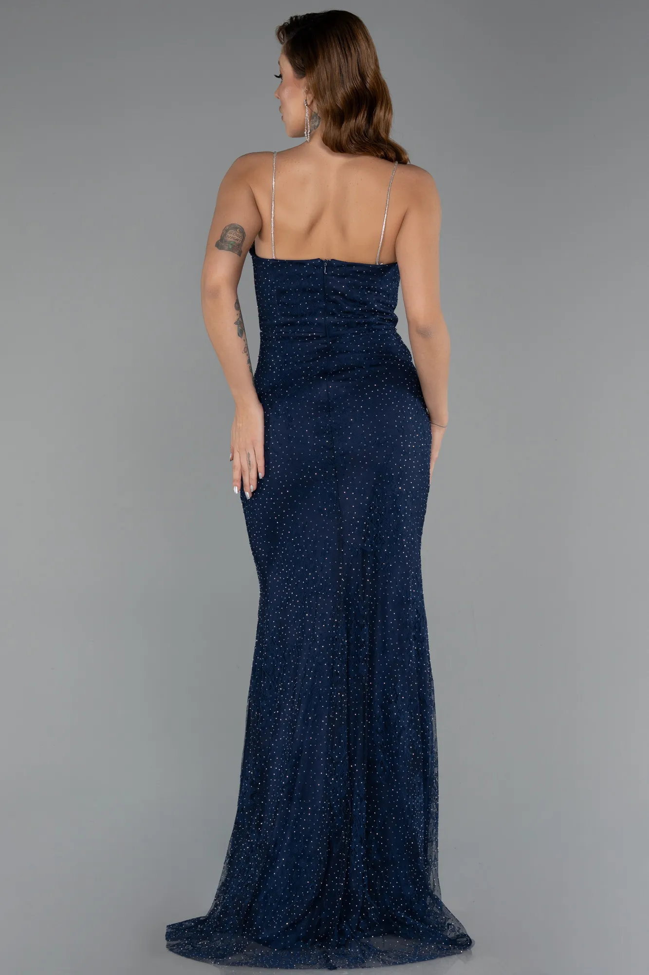 Navy Blue-Long Dantelle Evening Dress ABU5407
