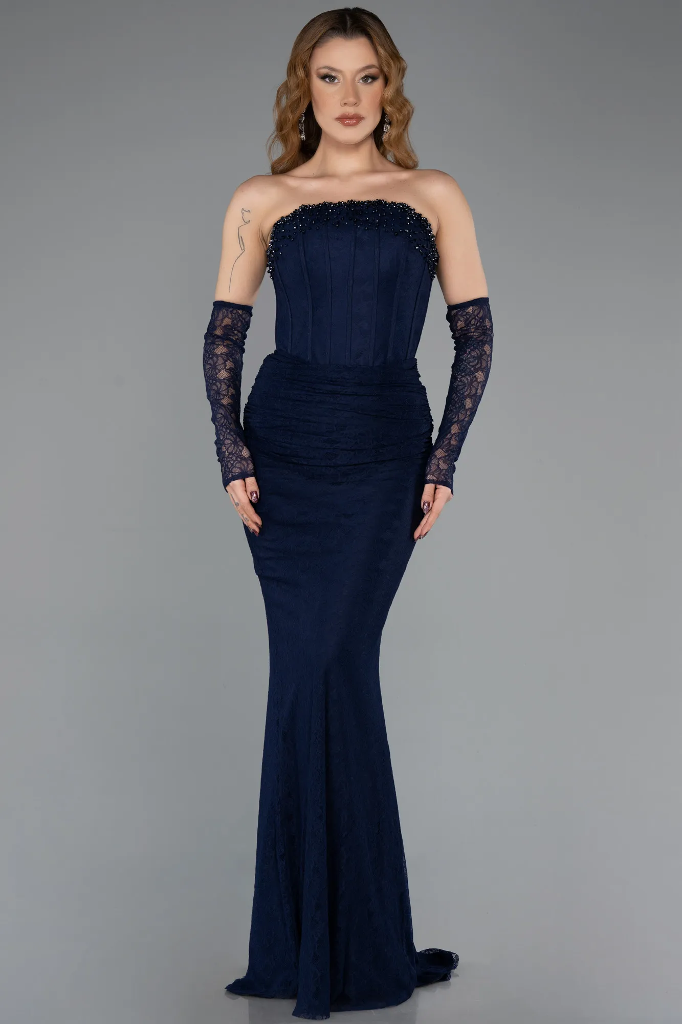 Navy Blue-Long Dantelle Evening Dress ABU5510