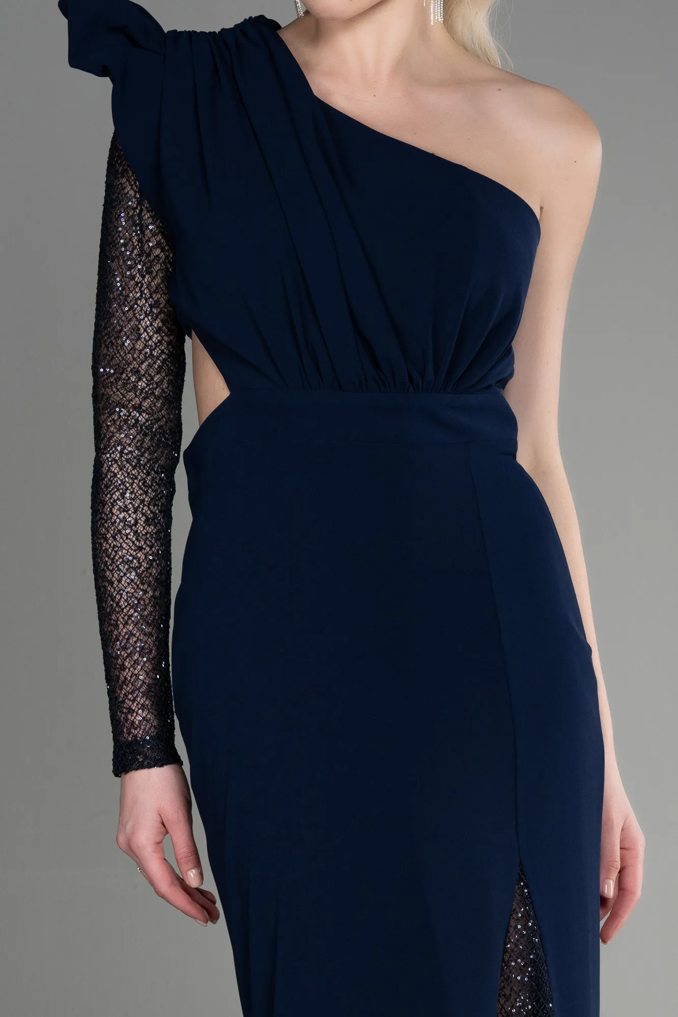 Navy Blue-Long Dantelle Haute Couture Dress ABU3642