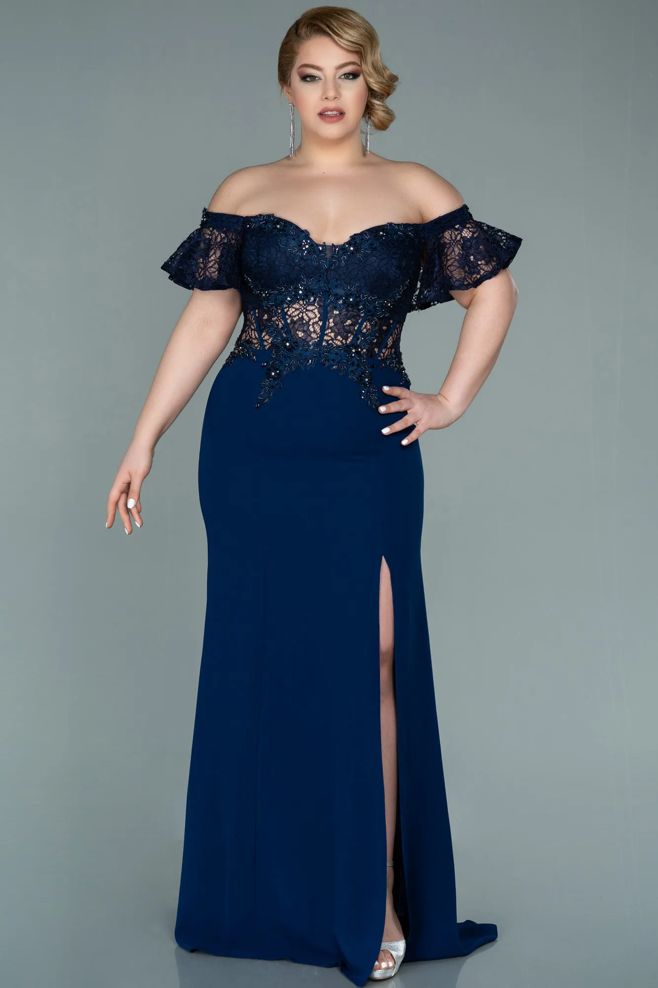 Navy Blue-Long Dantelle Oversized Evening Dress ABU2248